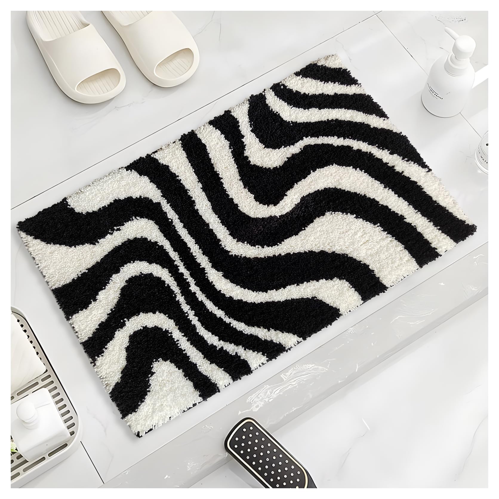 Civkor Black and White Bathroom Rug, Tufted Bath Mat for Bathroom, Small Bathroom Mat with Non Slip TPR Backing, Machine Washable Quick Dry 16x24Inch