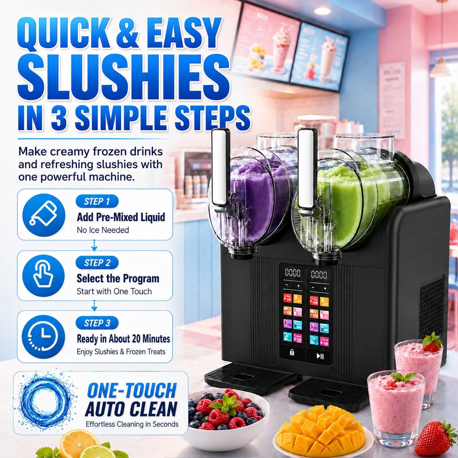 Máquina De Granizados Y Helado Soft, Doble Tanque 2 X 2 L Para Hogar/Comercio, Sin Hielo, Enfriamiento Rápido, Temperatura Regulable, Pantalla Táctil,Para Margaritas Y Frappés, Negra white