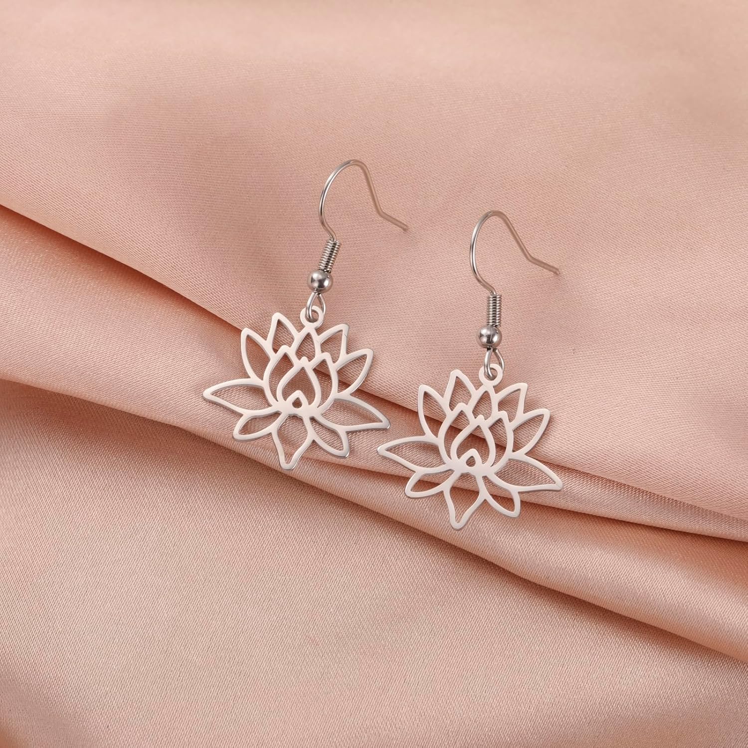 TEAMER Bohemian Lotus Flower Dangle Earrings Stainless Steel Lotus Flower Drop Earrings Geometric Yoga Jewelry for Women - Image 6
