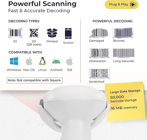 Miniatura 2 de Volcora Escáner inalámbrico de código de barras Bluetooth, escáner de código QR, escáneres de mano portátiles USB con conexión de soporte con