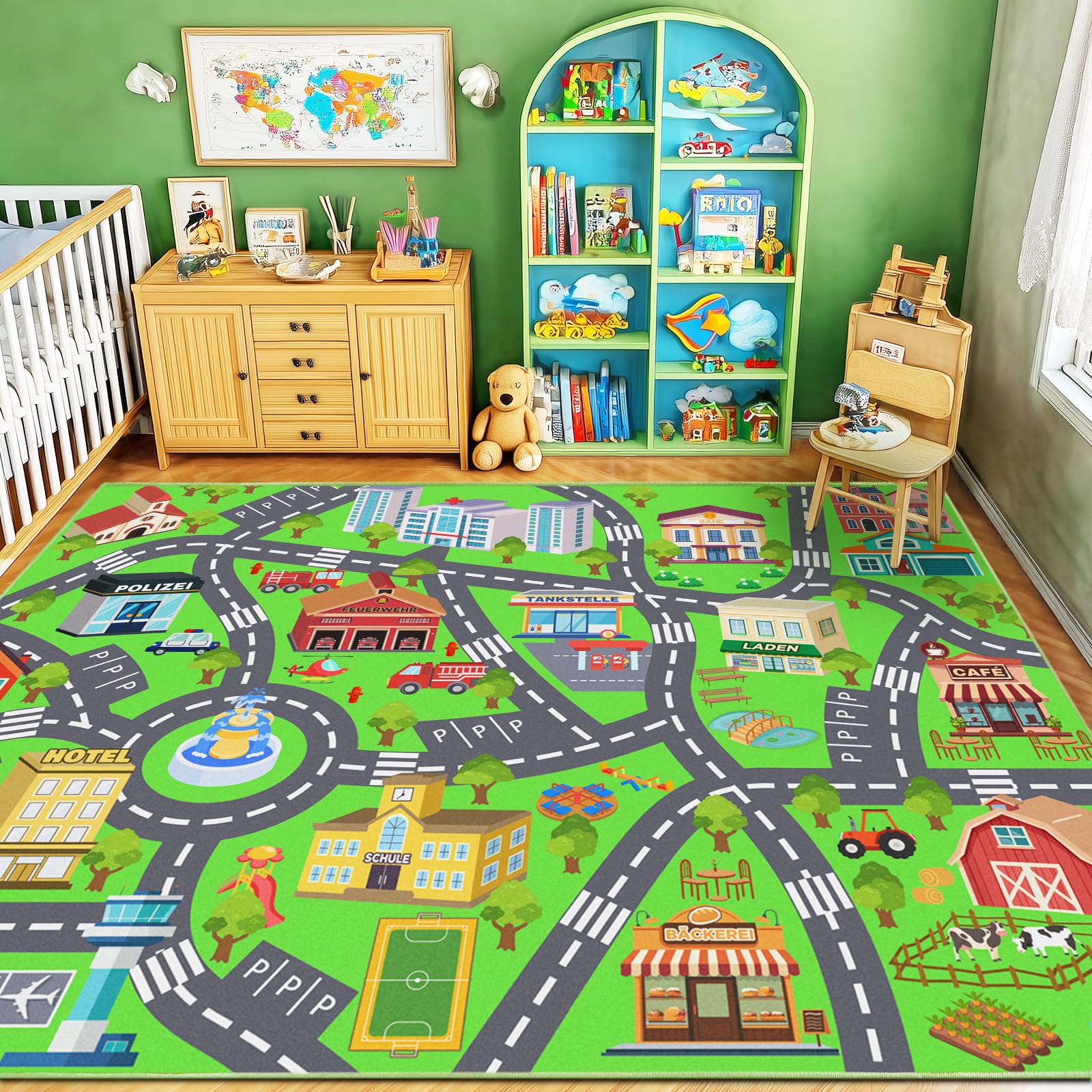 Rezutan Spielteppich Straße Kinder, Kinderteppich Spielzimmer 140X200cm | Kurzflor Waschbar & Rutschfest Teppich für Kinderzimmer Klassenzimmer, Spielzimmer, Schlafzimmer Spielteppich für Kinder
