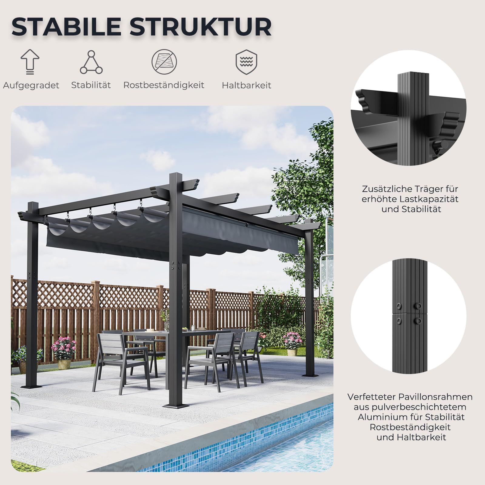 Devoko Aluminium Pergola mit Schiebedach, Verstellbarer Schattenfläche, UV-Schutz 50+, Pavillon 3x4 wasserdicht stabil Winterfest, Grillpavillon Metall für Gärten und Terrassen, Grau.