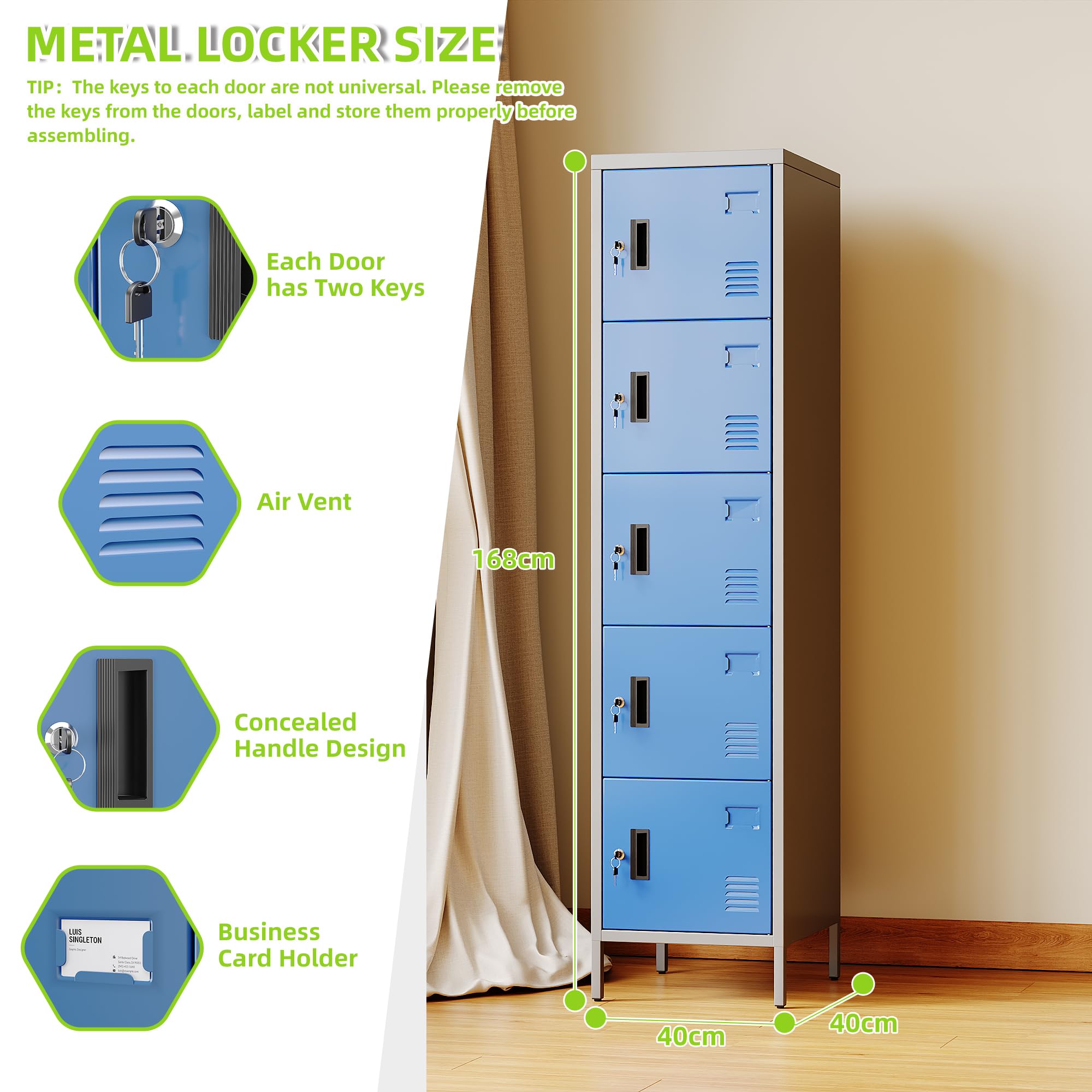 Armadio in metallo con aperture di ventilazione, armadio in metallo a 5 ante con porta badge, adatto per scuola, ufficio e casa, montaggio fai da te, 168 cm x 40 cm x 40 cm, grigio/blu