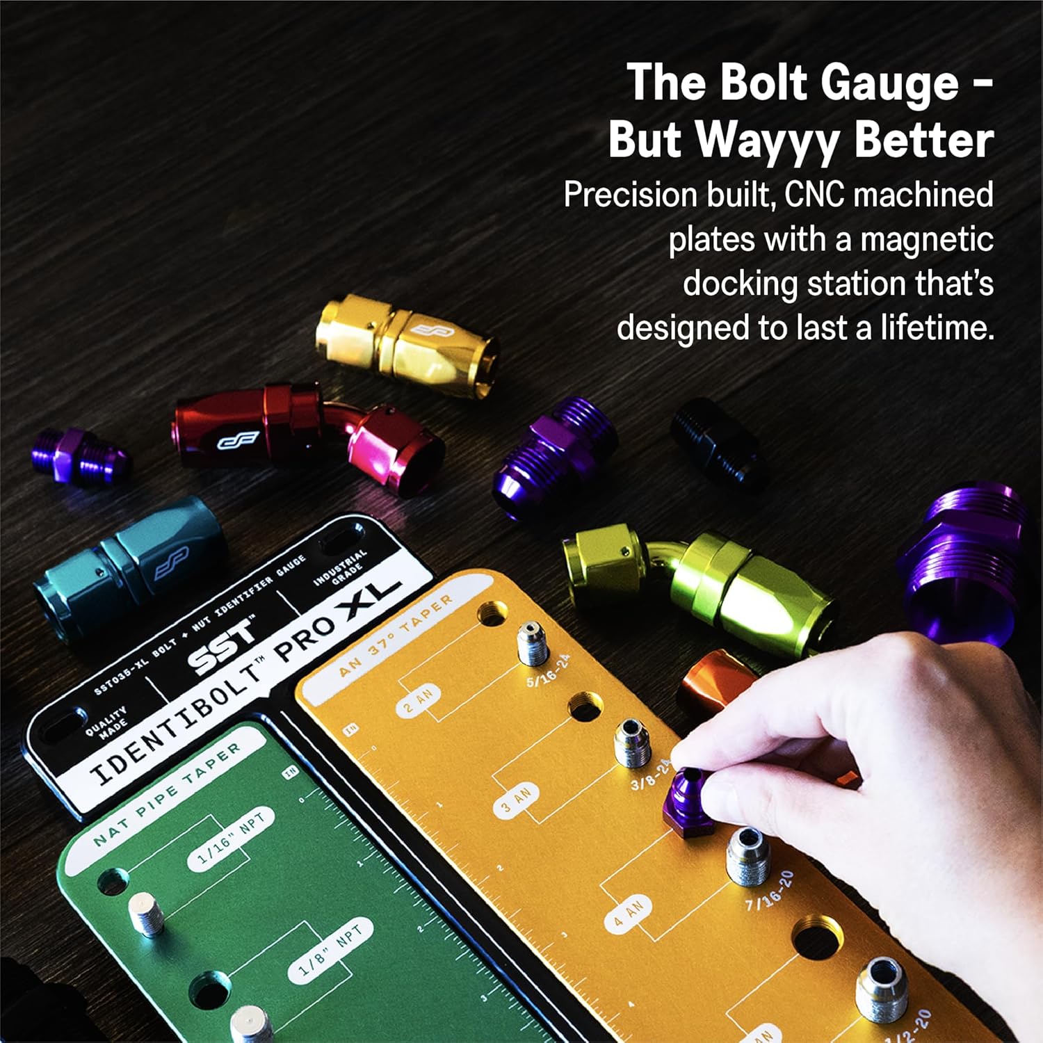 SST - Identibolt PRO NPT/an - Thread Checker with Magnetic Wall Mount - 15 Nut & Bolt Identifier Gauge - Measures 1/16” - 1” NPT & #2 - #12 an - Tight Tolerance & Precise