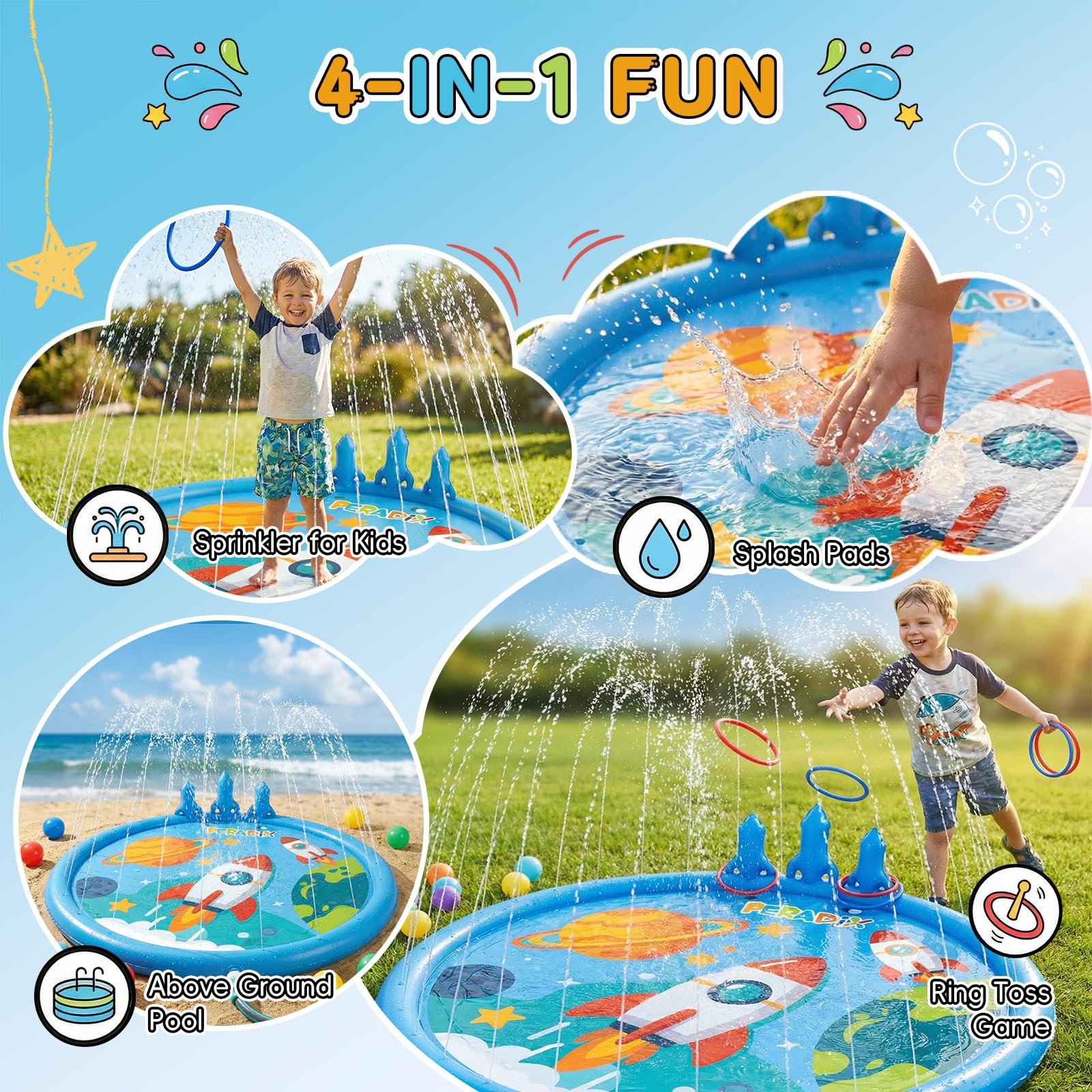Peradix Alfombra de juego con aspersores de cohetes y juego de lanzamiento de anillos para niños – Alfombra de juegos de agua con 6 gusanos (3 rojos, 3 azules) para exteriores, antideslizante, para