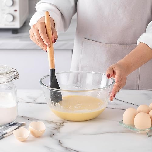 Miniatura 5 de Country Kitchen Juego de utensilios de silicona antiadherente con asas redondeadas de madera para cocinar y hornear, juego de 14 piezas, color negro