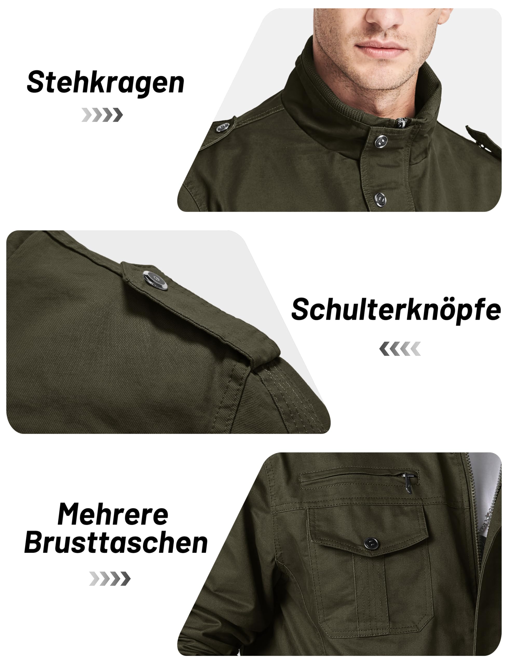 TACVASEN Herren Übergangsjacke Frühlingsjacke Stehkragen Cargo Jacke Militär Baumwolle Arbeitsjacke mit Vielen Taschen
