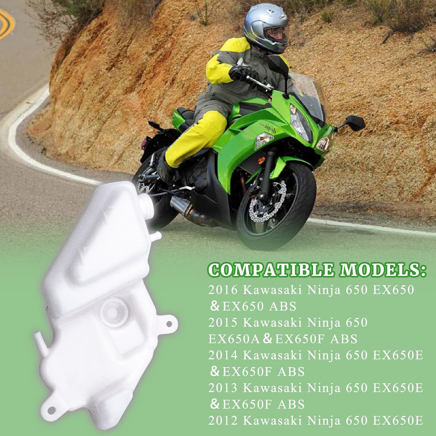 Motorcycle Coolant Reservoir Tank 43078-0553 Compatible with 2012-2016 Kawasaki Ninja 650 Series EX650 EX650 ABS EX650A EX650F ABS EX650E Engine Radiator Coolant Water Replacement Parts White