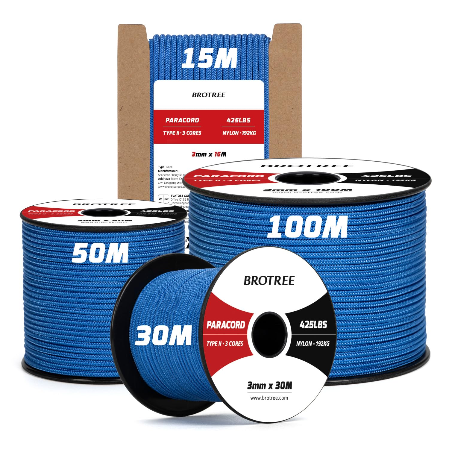 Brotree 3mm Paracord 425 100% Nylon 15M Rope 3 Strands Type II Parachute Cord for Outdoor, Craft, DIY - 192kg Breaking Load (Dark Blue) — image 1