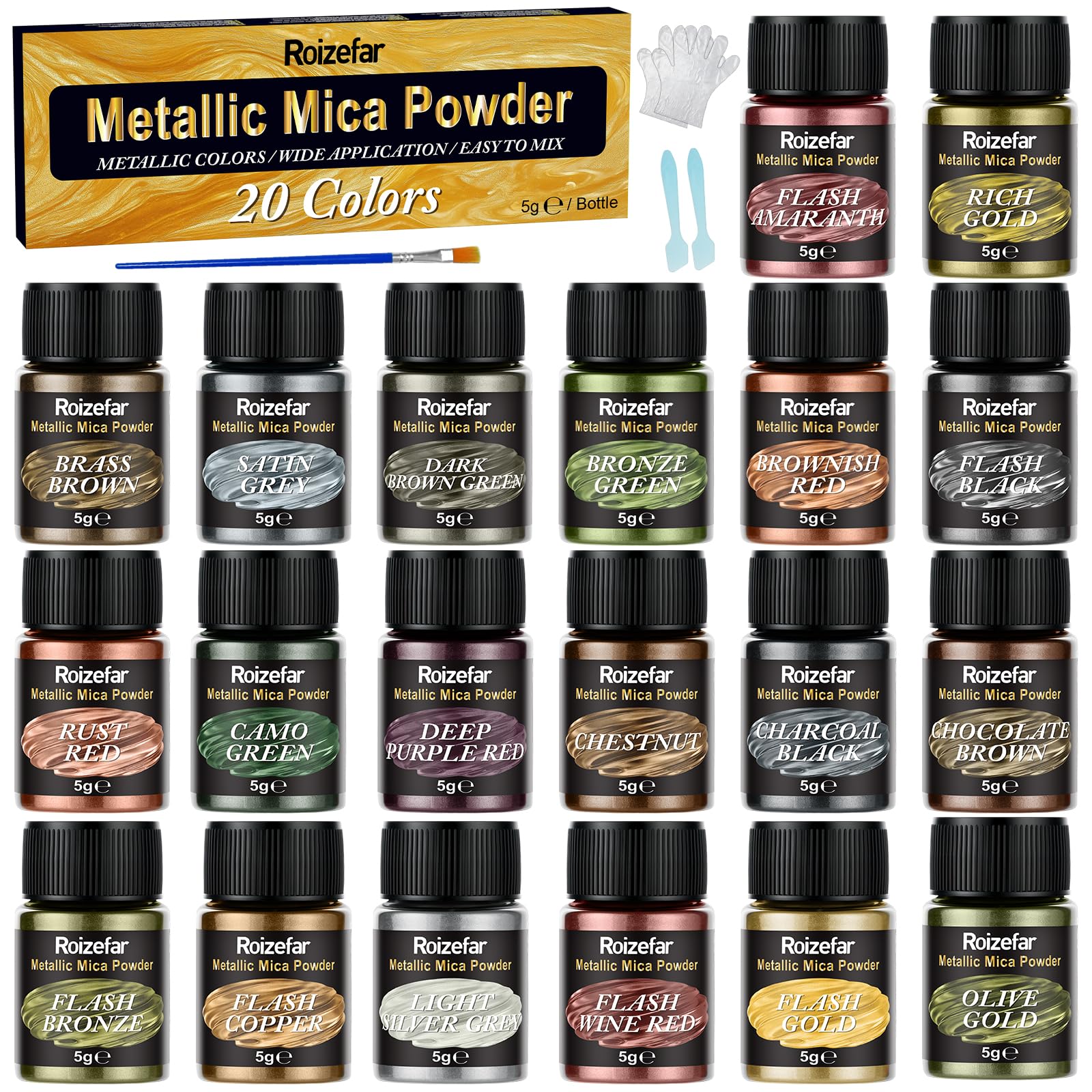 Roizefar Metallic Mica Powder, 20 Colours x 5 g Pearlescent Epoxy Resin Pigment Metallic Powder, Mica Powder for Epoxy Resin for Art Coating, Paint, Printing, Plastic, DIY, Slime
