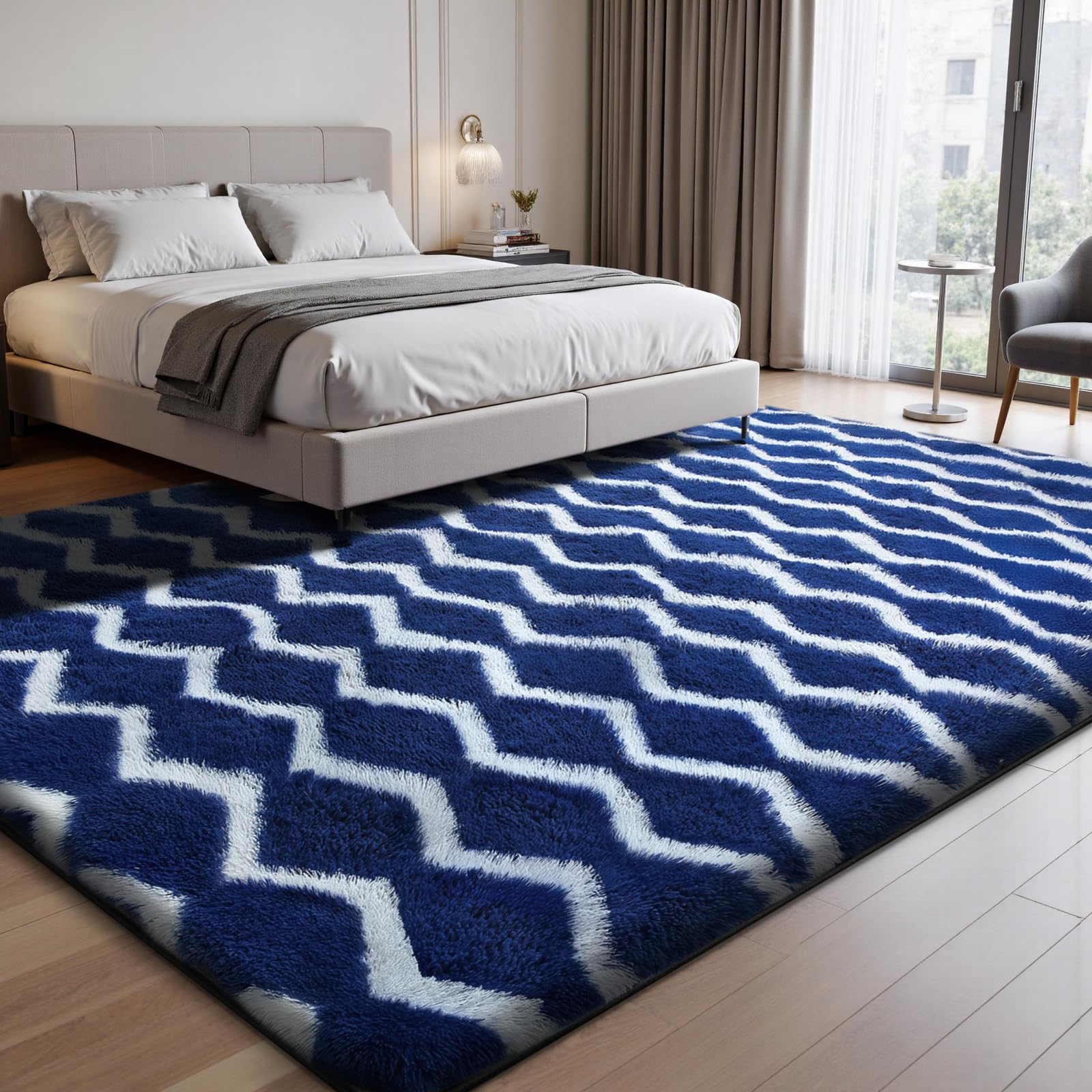 Sour Lemon Tappeto Salotto Pelo Lungo a Righe, Tappeto Camera da Letto Antiscivolo Lavabile, Grande Tappeto Shaggy Morbido Moderno per Soggiorno e Cameretta Bambini, Blu navy e bianco, 160x230 cm