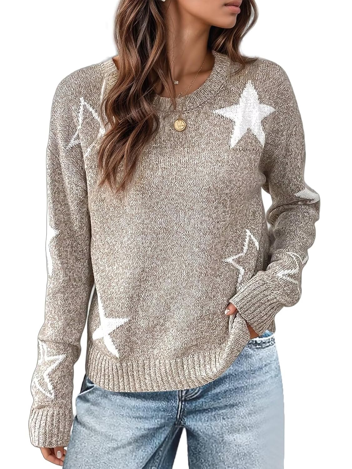 Flamingals Sweaters for Women 2025 Crewneck Long Sleeve Pattern Drop Shoulder Kintted Sweater Fall Fashion