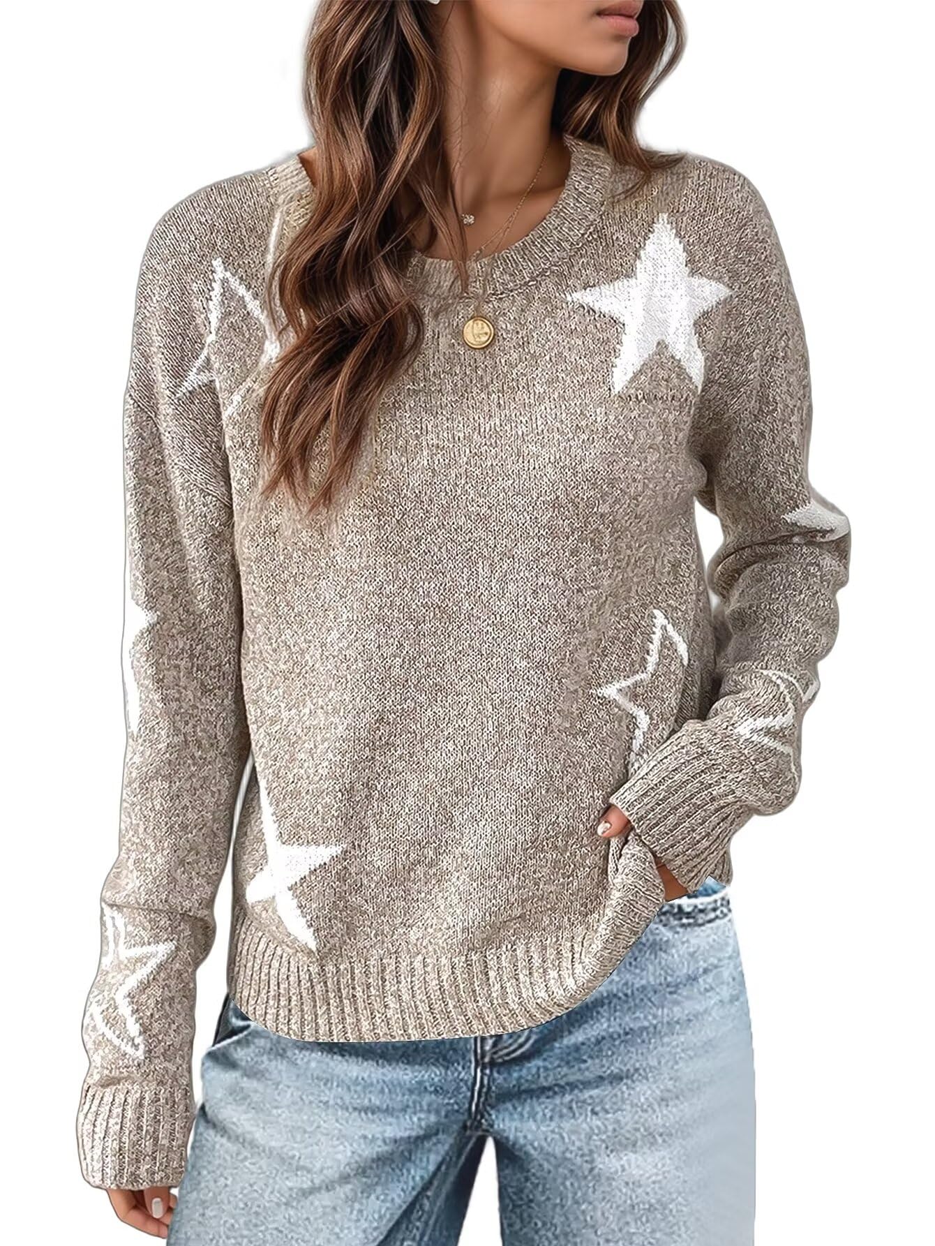 Flamingals Sweaters for Women 2025 Crewneck Long Sleeve Pattern Drop Shoulder Kintted Sweater Fall Fashion