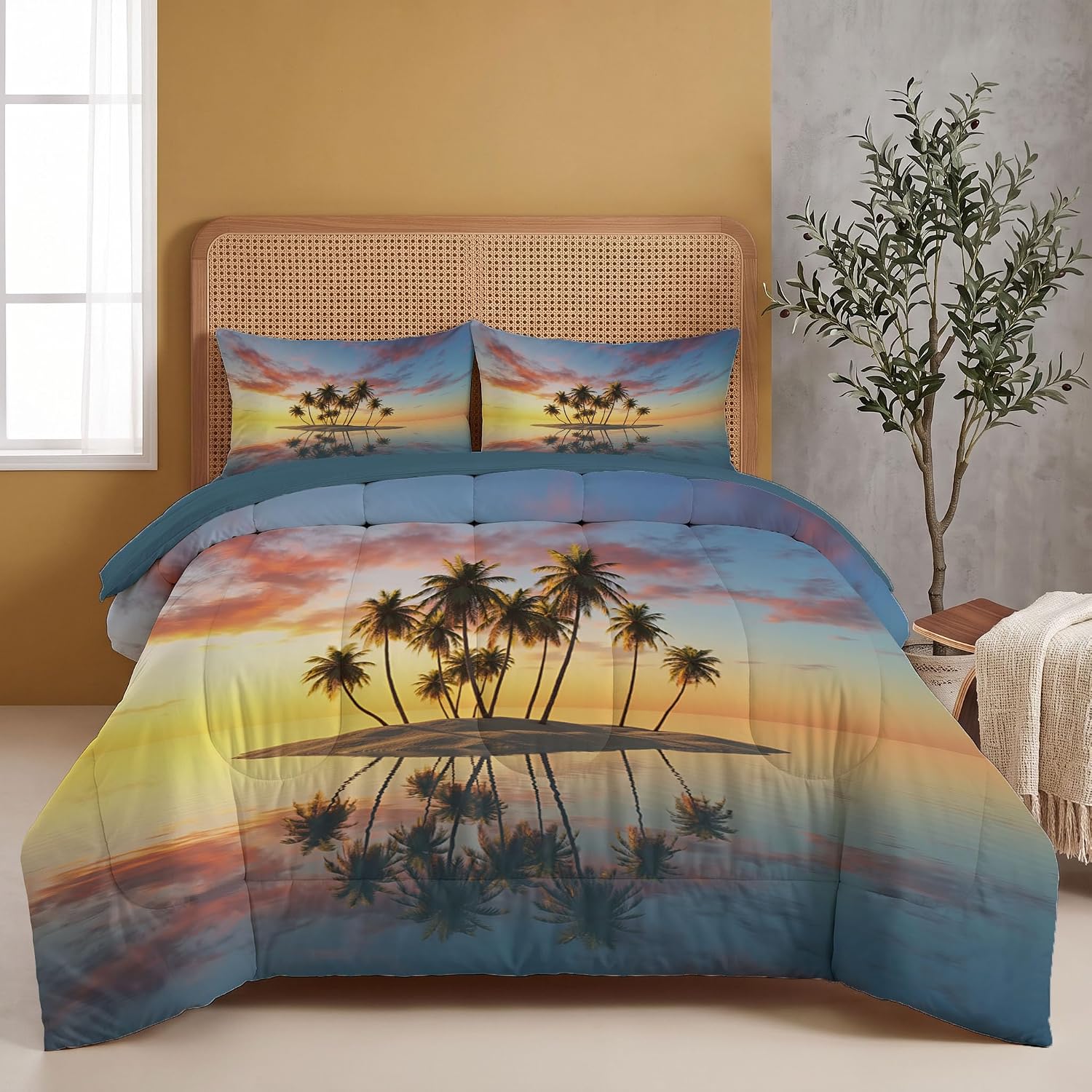 Tropical Islands Comforter Set King Size, Palm Tree Reflection On The Water Bedding Set for Girls Boys, Orange Quilt Bed 104"X90" Bedding Comforter Sets with 2 Pillowcase Room Decor