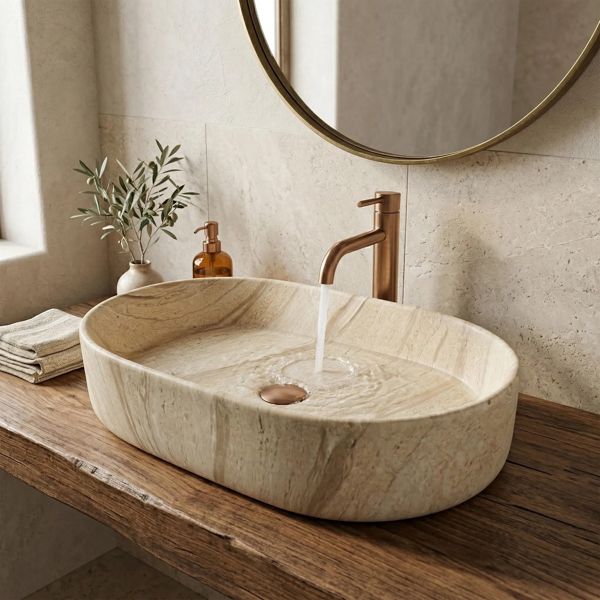 Rea - Lavabo sobre encimera Nadia 60 - Cerámica Sanitaria - Beige, Imitación De Piedra - 61x38,5x12 cm