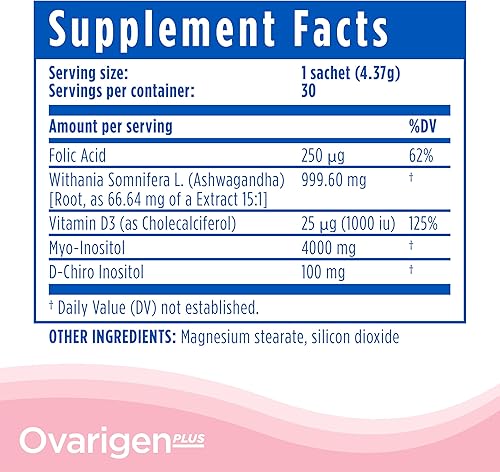 Miniatura 7 de CalmCo Ovarigen Plus, Myo & D-Chiro Inositol Blend Powder - Mezcla 401 con ácido fólico, Ashwagandha y vitamina D3 - Ayuda a controlar el síntoma de