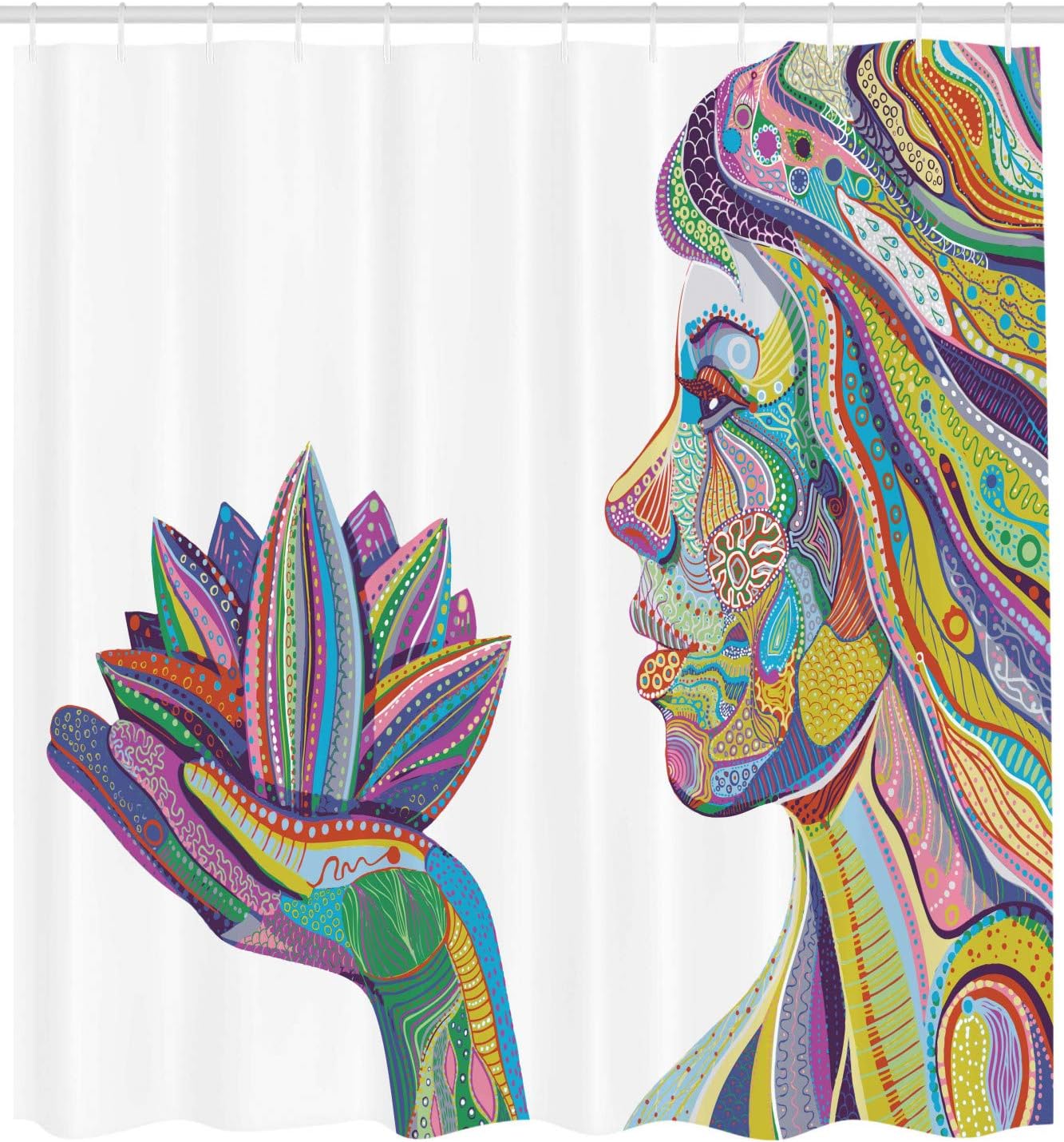 Ambesonne Colorful Shower Curtain, Woman with Blooming Flower with Ornamental Stripes Lines Design, Cloth Fabric Bathroom Decor Set with Hooks, 69" W x 75" L, Multicolor