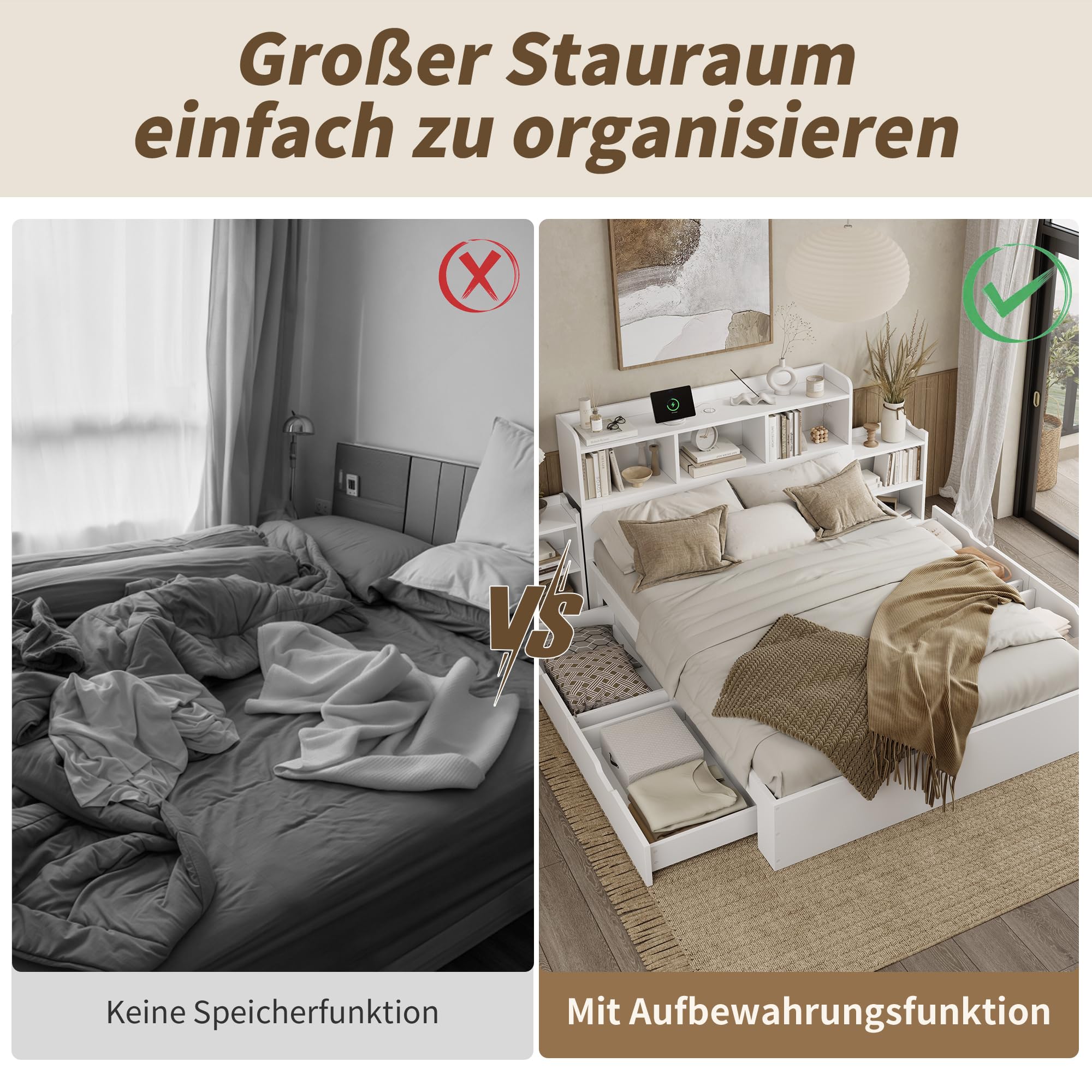 okwish Holzbett 140x200 cm Doppelbett, Funktionsbett mit Typ-C & Kabelloses Laden, Bett mit Stauraum - Stauraumbett mit Nachttischen, Schubladen & Stauschrank, Bettgestell mit Lattenrost, Weiß