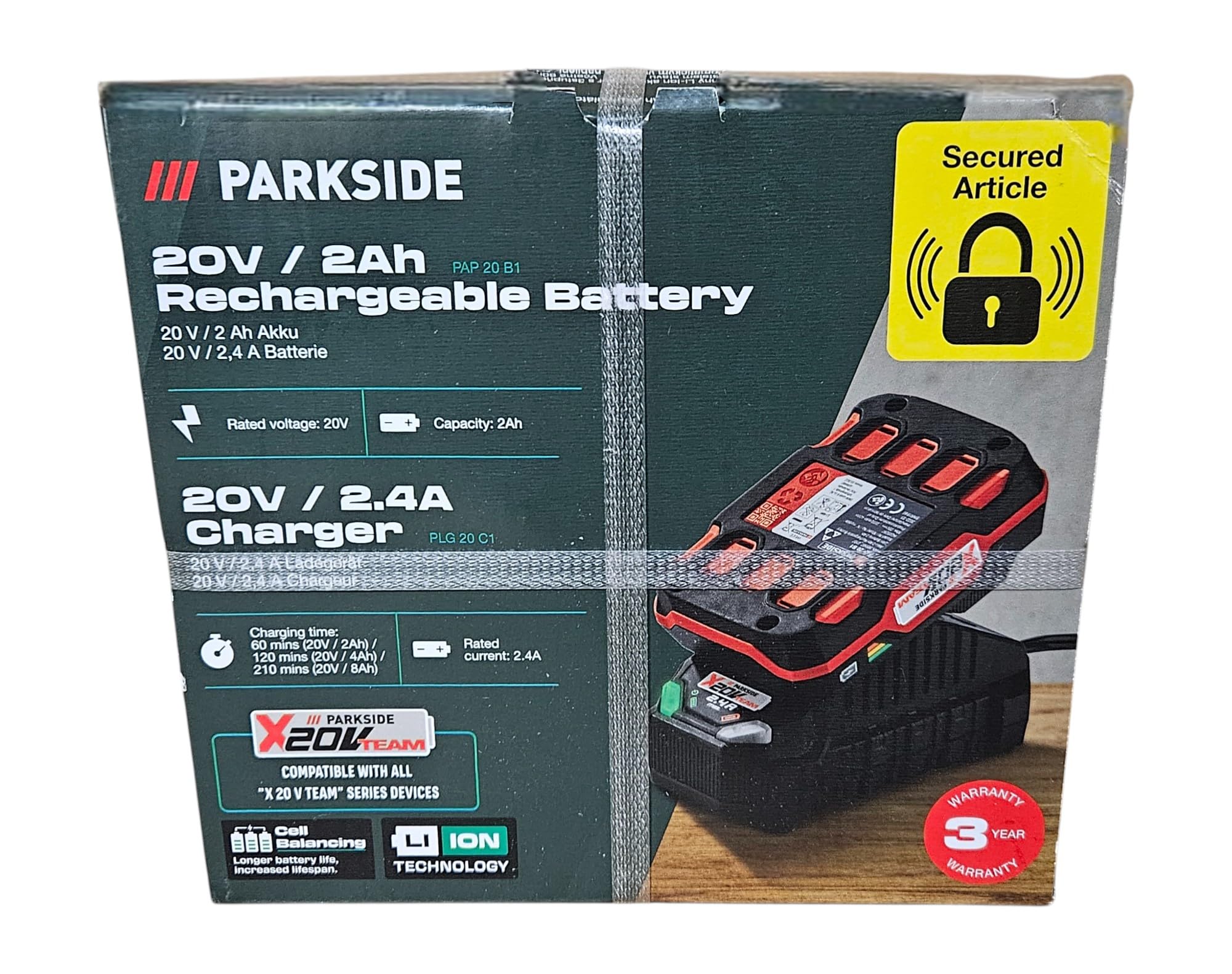 Parkside Batteria agli ioni di litio da 20 V, 2 Ah (PAP 20 B1) e caricatore da 60 min (PLG 20 C1) 65 W - 2,4 A - Bilanciamento delle celle per un'autonomia e una durata prolungate