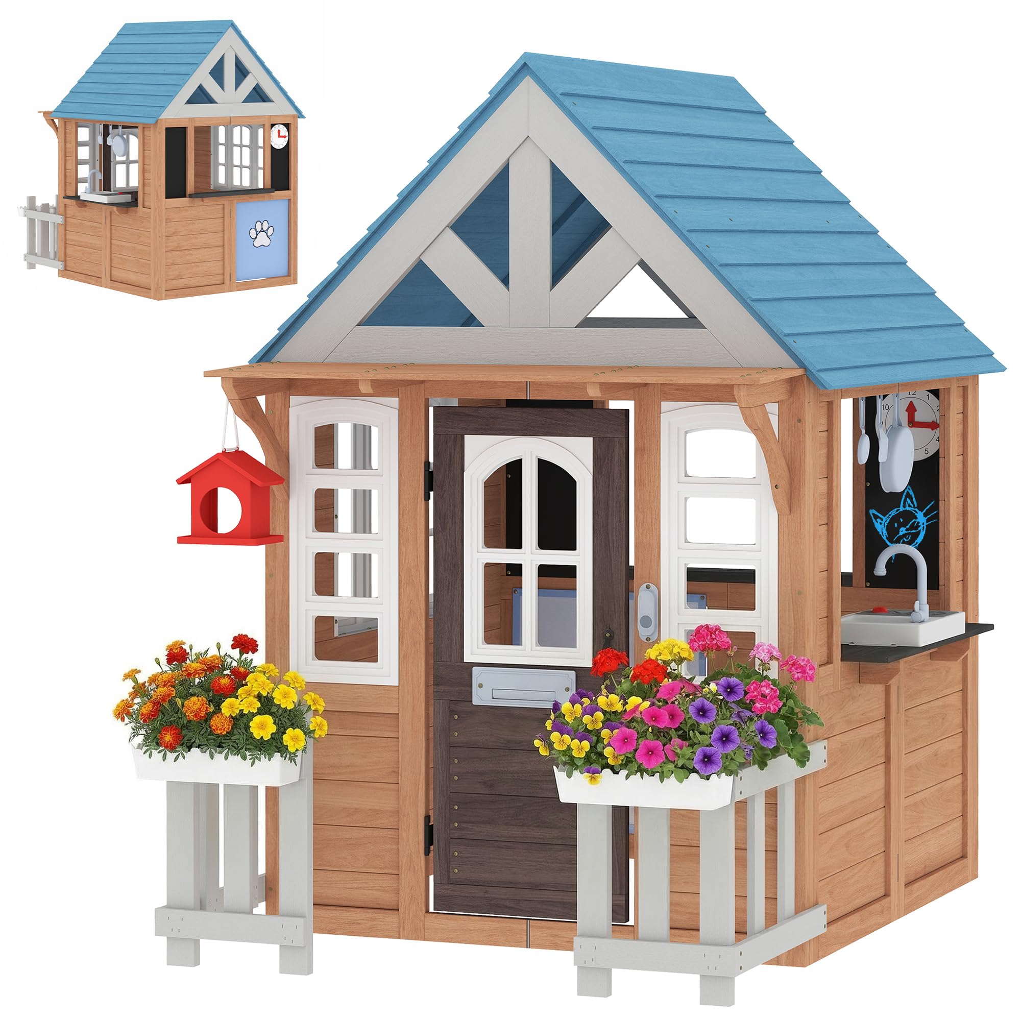 AIYAPLAY - Cabaña infantil exterior de madera, casa infantil exterior e interior con cota, cocina de juego, buzón, timbre, nido y valla, para 2-5 años, 165x116,5x163,5cm, marrón