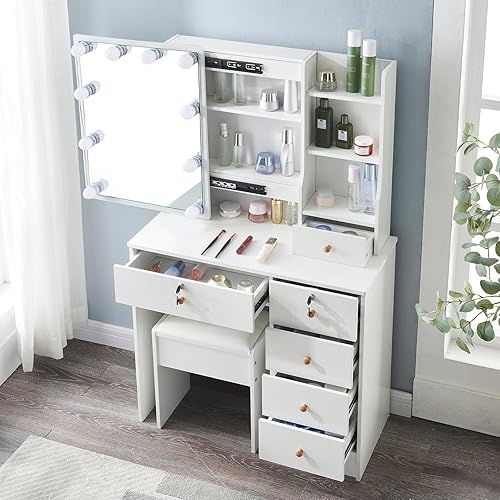 Miniatura 3 de Koestem Juego de tocador de maquillaje con espejo y luces, tocador de maquillaje, 3 modos de iluminación de color, brillo ajustable, tocador con