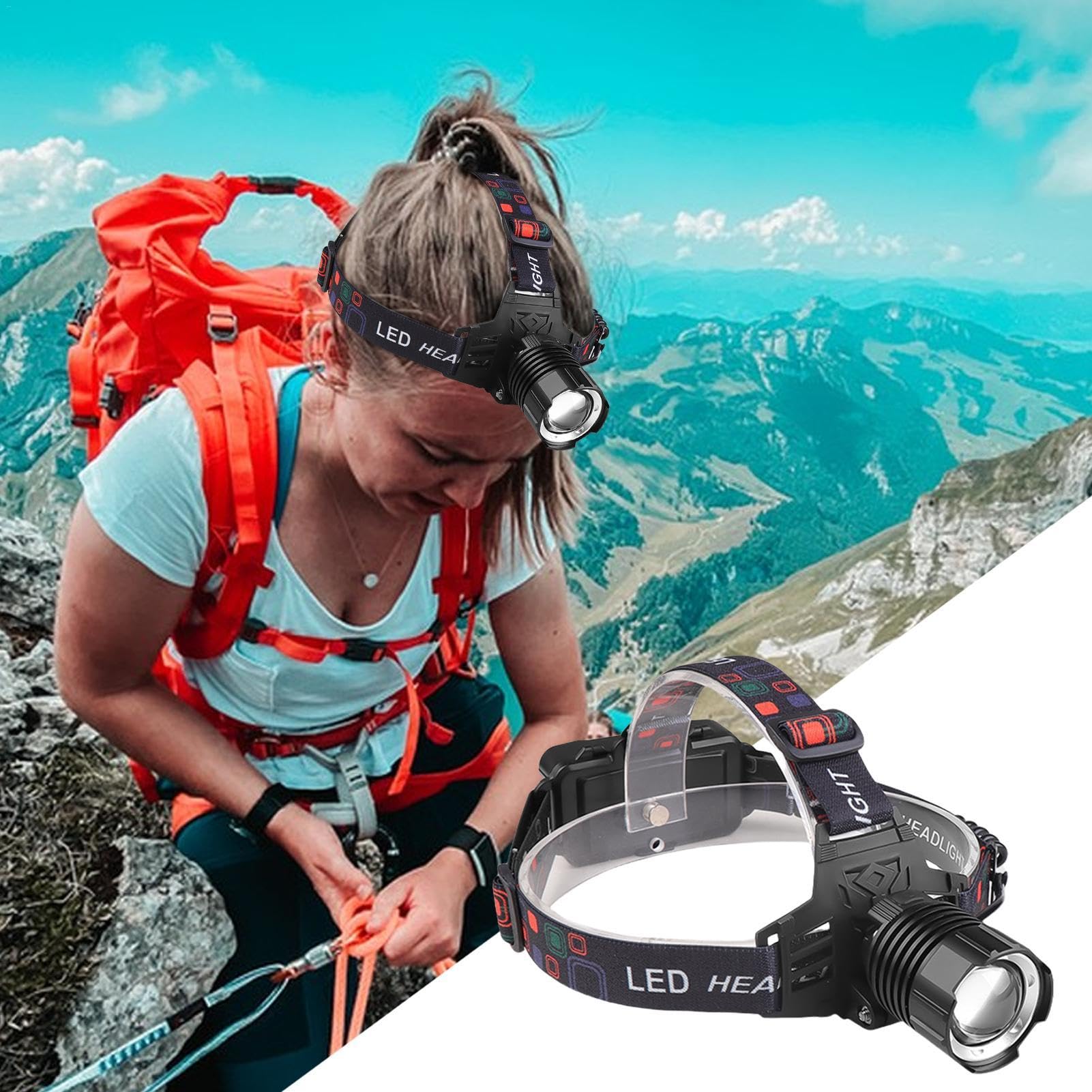 Lampada frontale a LED ricaricabile trame USB Luce portatile con batteria incorporata 6 modalà di illuminazione Torcia da testa da pesca Lanterna da campeggio esterna  39