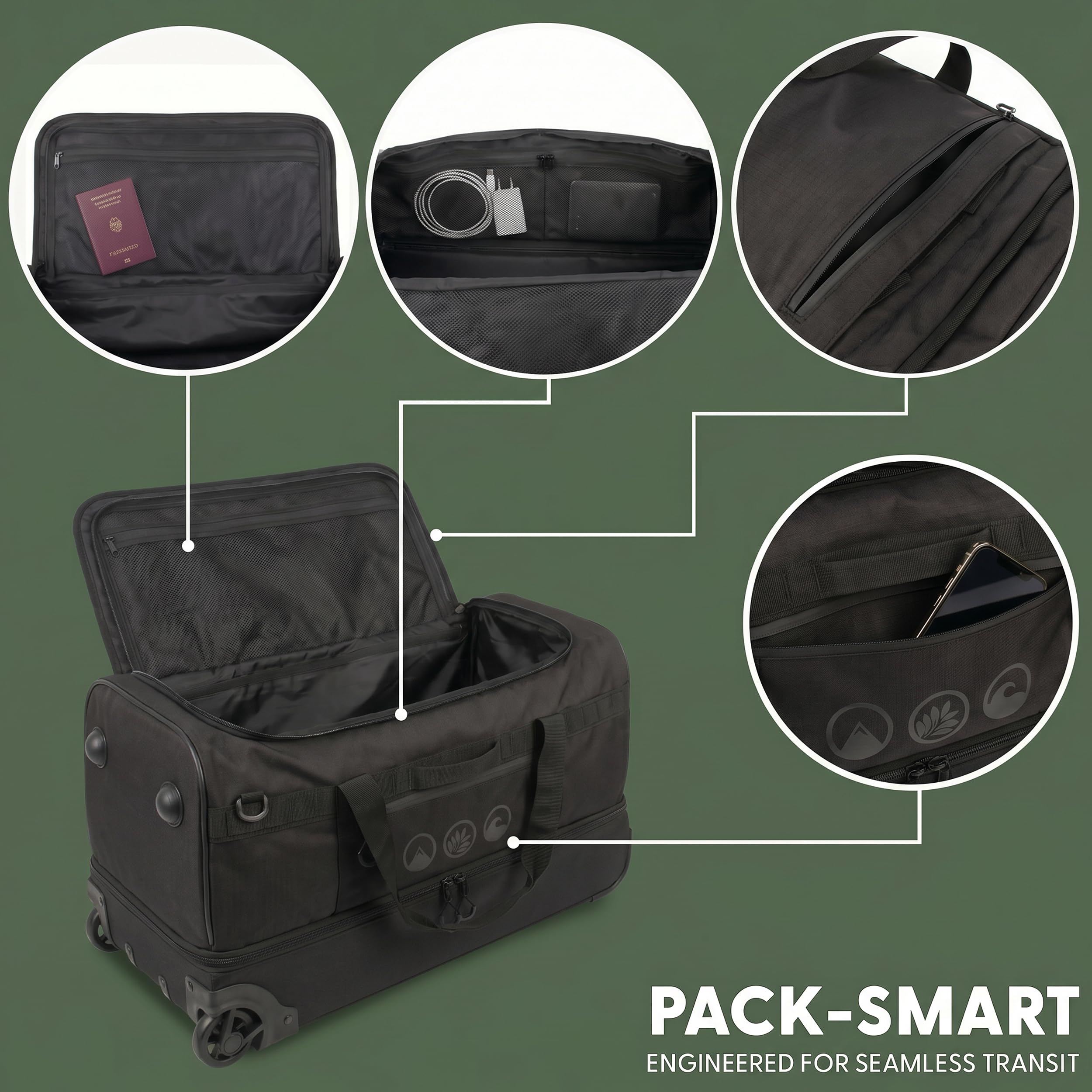 Bolsa de viaje XL con ruedas 3 en 1, mochila de viaje y carrito impermeable | Flow con compartimento para zapatos y esquinas protectoras para hombre y mujer | mochila de viaje de alta calidad Ripstop