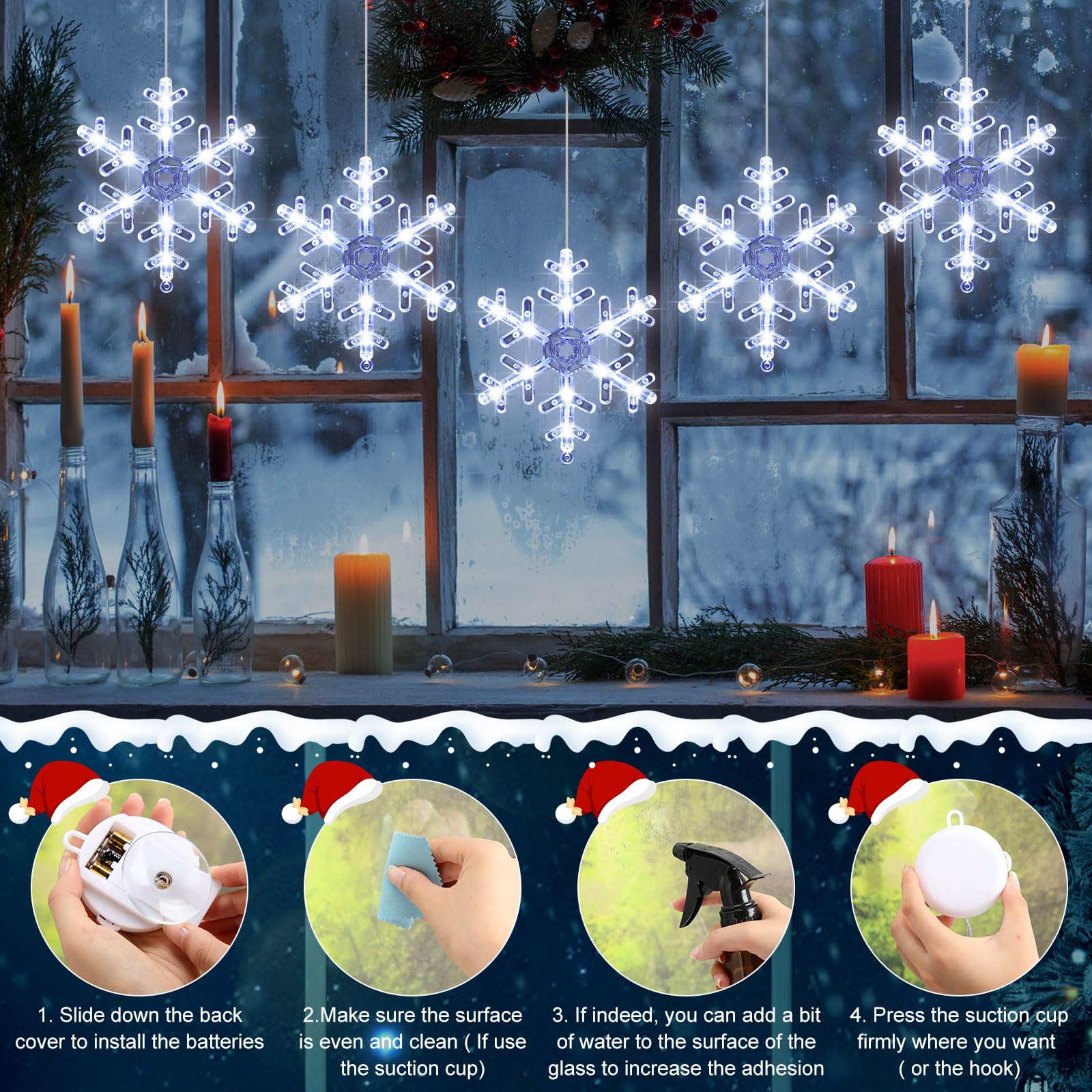 Tujoe Lot de 10 lumières de fenêtre lumineuses avec minuterie, ventouse, fonctionnement à piles pour Noël, Nouvel An, extérieur et intérieur (blanc, flocon de neige)