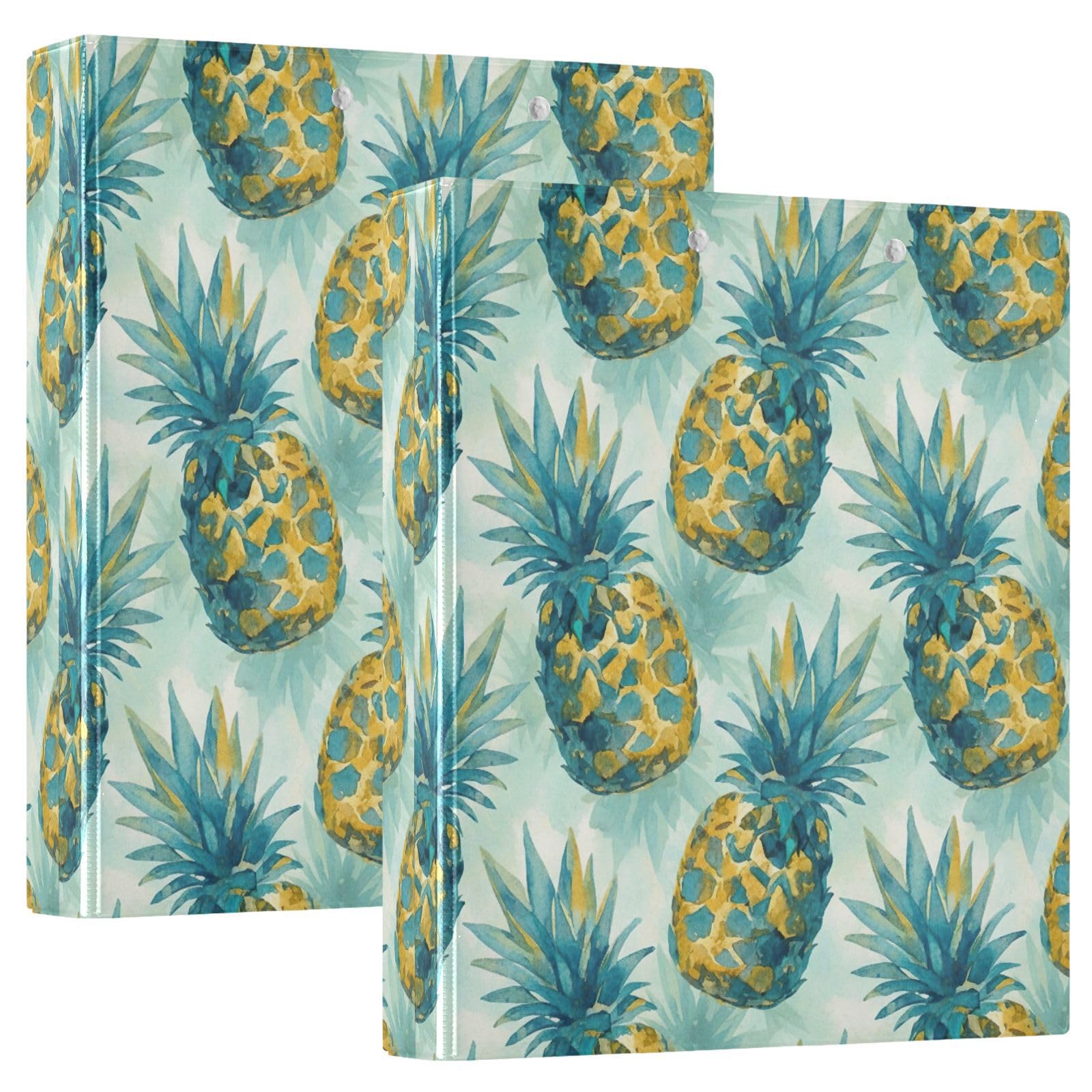 Raccoglitore a 3 anelli, con tasche, motivo ananas tropicale, colore foglia di tè, confezione da 2