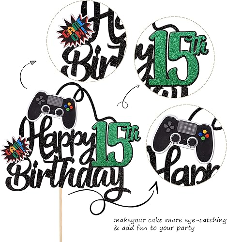 Miniatura 3 de 1 pieza de decoración de pastel de feliz cumpleaños 15 con purpurina para videojuegos, juego de selección de pasteles en controladores, decoración