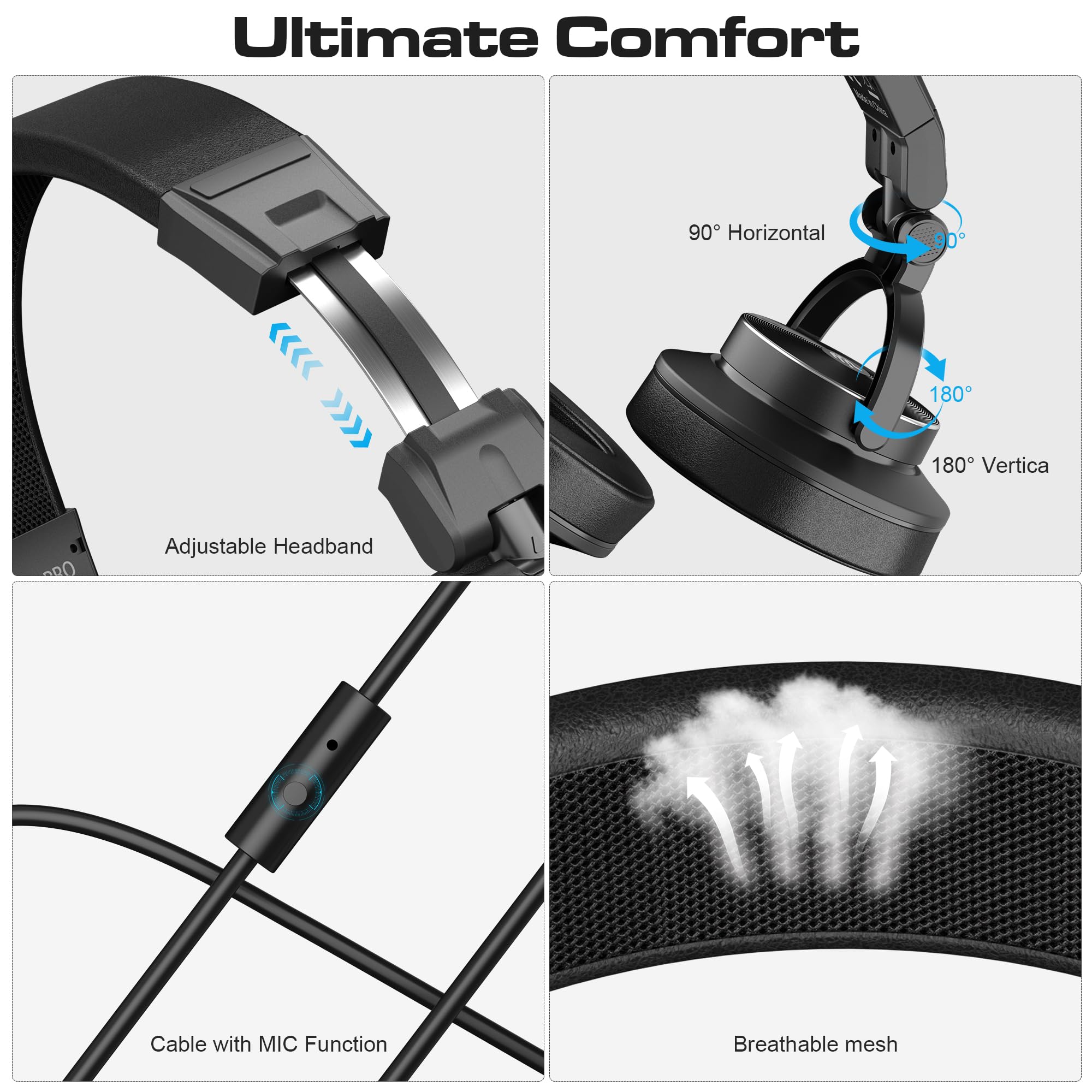 PUPGSIS - Auriculares con cable para monitor de estudio, controladores profesionales de 50 mm, auriculares estéreo DJ de 40 kHz, conector de audio de 1/4 a 3,5 mm para grabación/mezcla/podcast
