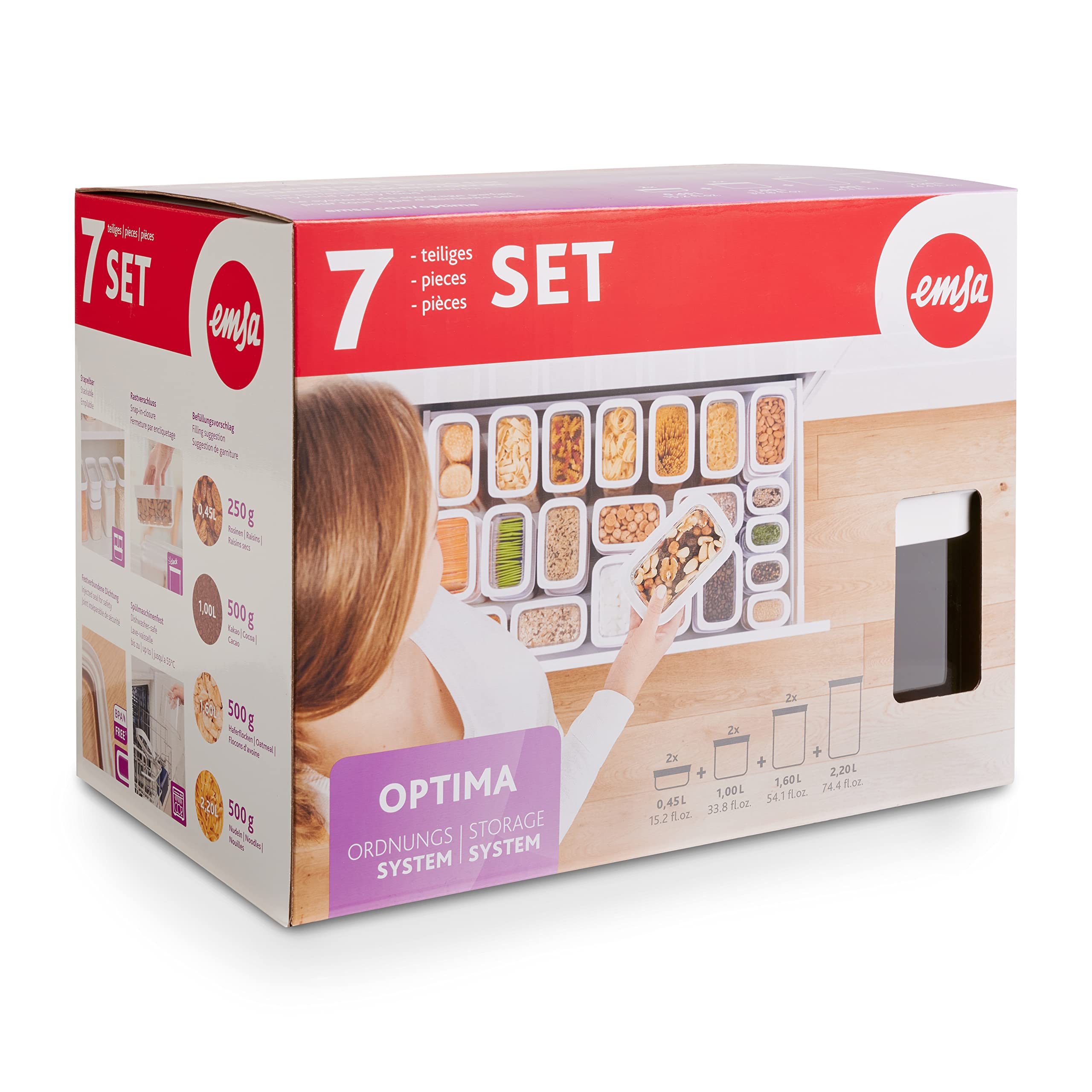 Emsa N11429 Optima 7-częściowy zestaw suchych pojemników do przechowywania | 2 x 0,45/2 x 1/2 x 1,6/2,2 l | prostokątne | 100% bezpieczne/higieniczne/bezpieczne | świeże uszczelnienie | nie zawiera