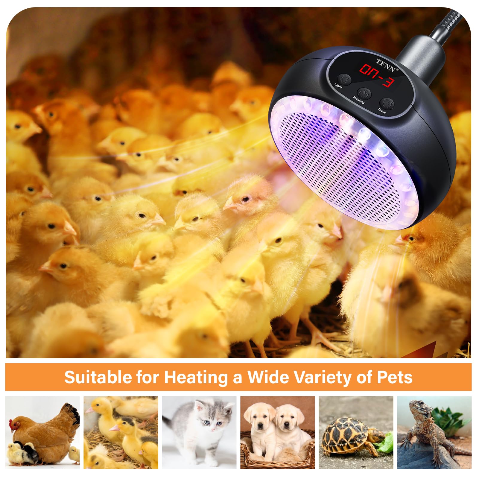 Heat Lamp for Chickens with Holder，200W-350W-500W Reptile Heating Lamp with UVA UVB Ligh 3-6-9-12H Timer, Protable Greenhouse Heater for Outdoor Chicken Coop Indoor Reptile Rabbits Dog Cats - image 6