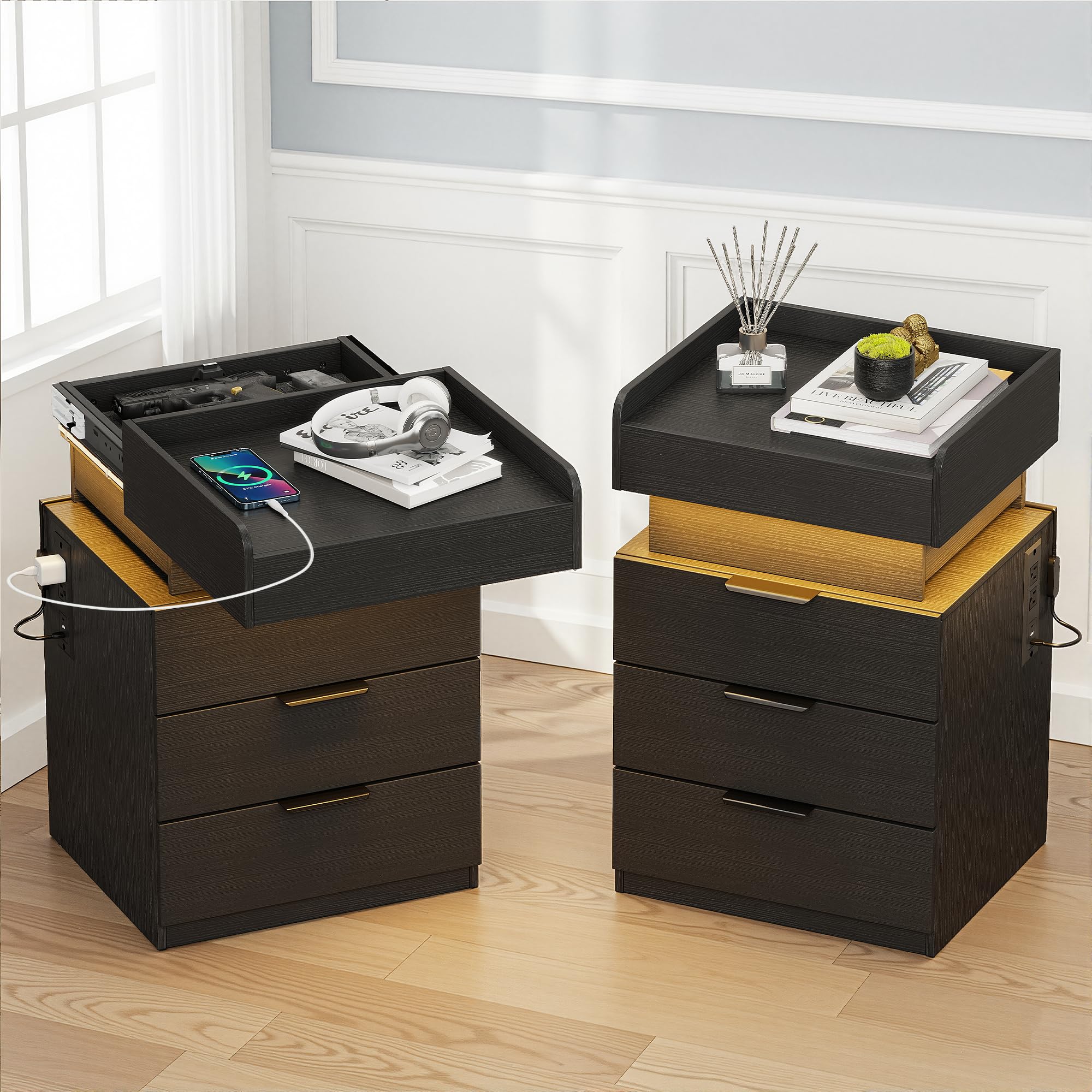 Baoz Nightstand of 2 with 3 Drawers & Sliding Top for Bedroom- LED Night Stand with Charging Station & Open Compartment Modern Bedside End Table with