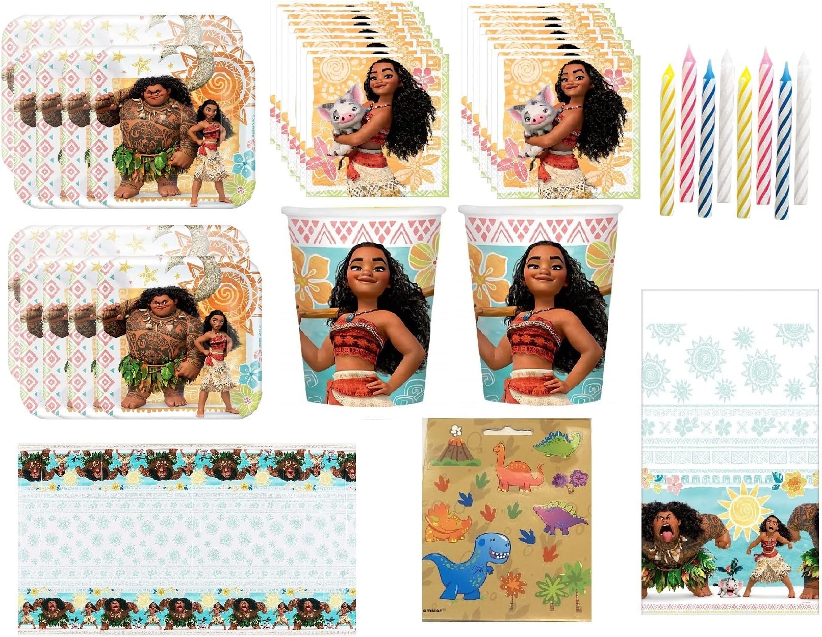 Moana Party Supplies Bundle includes 16 Plates 7", 16 Napkins, 16 Cups, 1 Table Cover , 24 Birthday Candles (Bundle for 16)