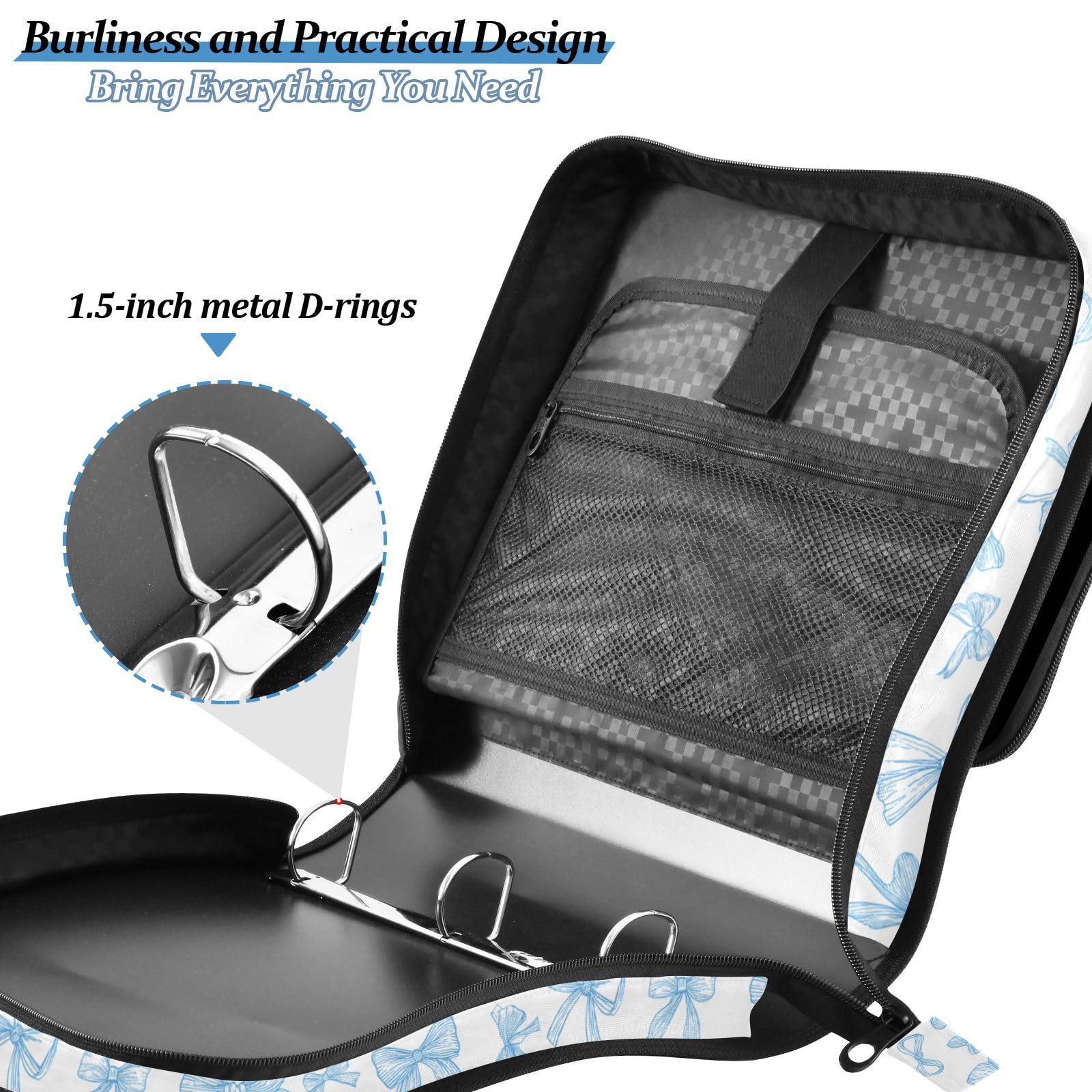 Aslsiy Raccoglitore con cerniera Coquette Nastro Blu 3,8 cm 3 Anelli Raccoglitore Organizzatore Fiocco Acquerello con Tracolla per Scuola Forniture per Ufficio