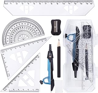 HAKACC Geometry Compass Set, 8PCS Maths Compass Drawing Compass with Rulers Pencil Eraser Sharpener Storage Case for Stationery School Engineers Drafting