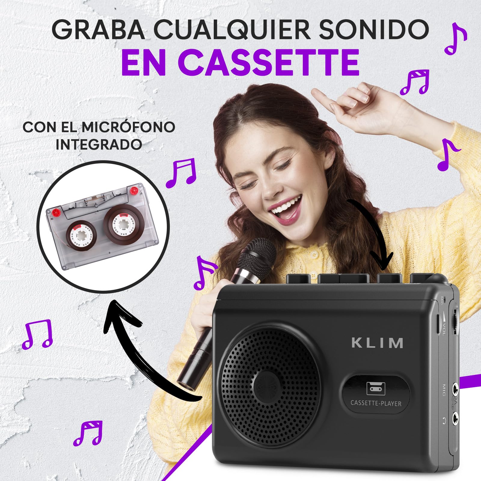 Reproductor Cassette y Grabadora Cassette KLIM K9 – Portátil con Altavoz Integrado, Micrófono, Entrada para Auriculares, Funciona con Pilas AA (Incluidas) o Adaptador AC, Auriculares Incluidos