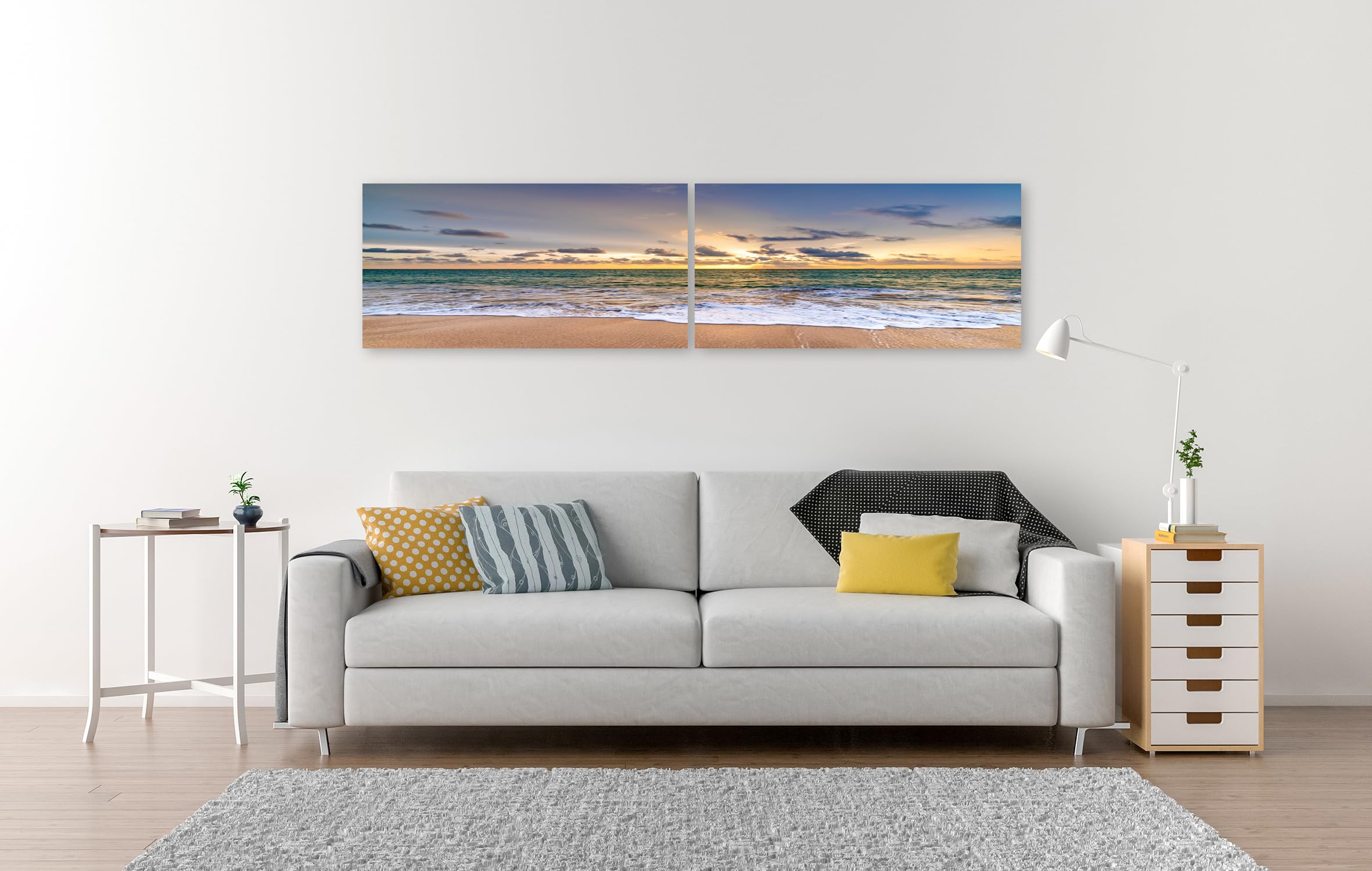 islandburner Leinwandbild Strand Sonnenuntergang Himmel und Meer mit Wolken und Wellen - Leinwand 160x40cm - 2 Teile