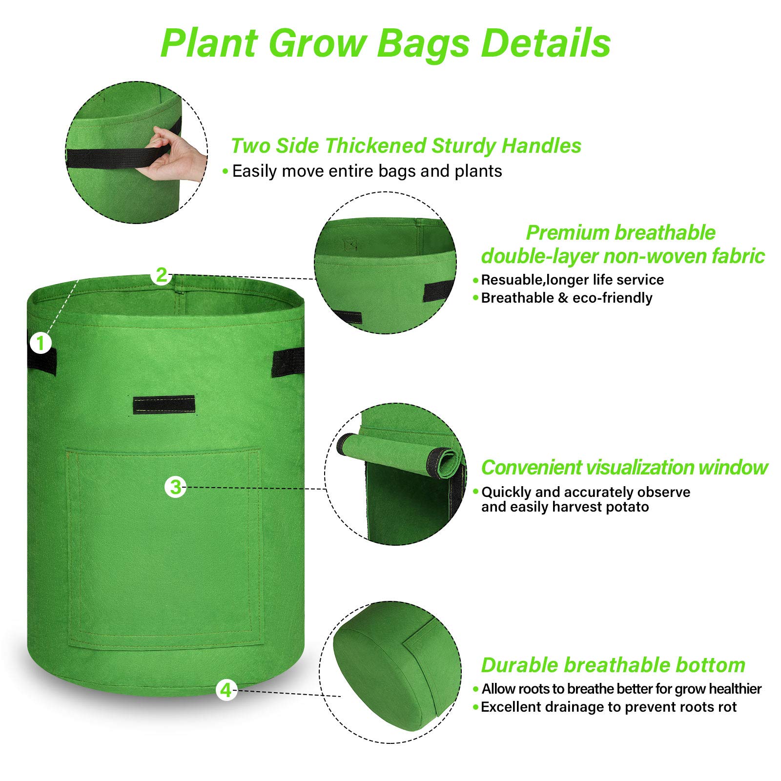 Bolsas de cultivo de patatas, contenedores de plantación de 10 galones con solapa y asas, paquete de 3, ideales para tomates y verduras
