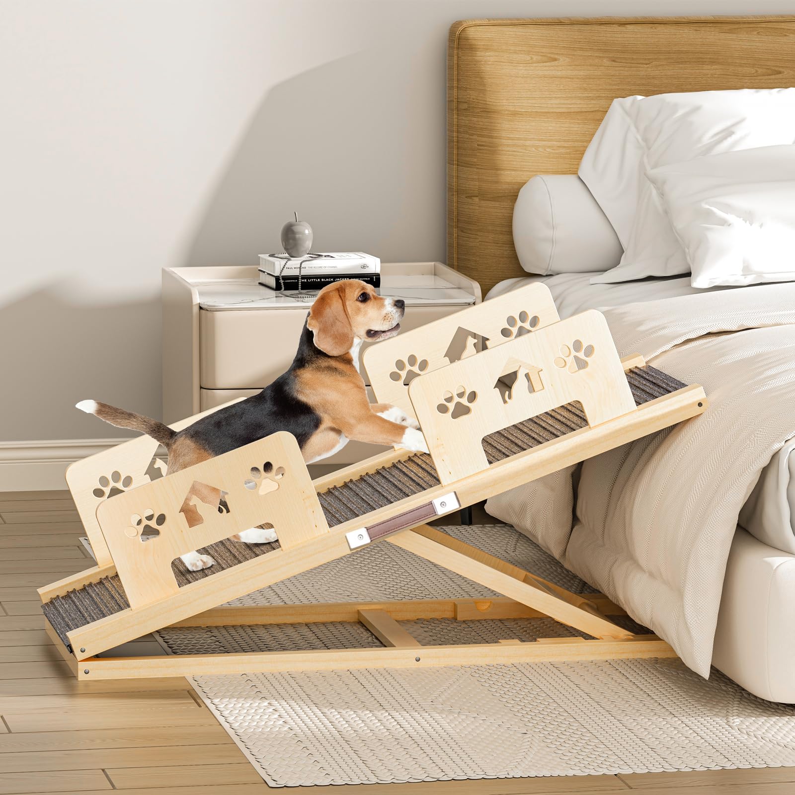 Rampa per cani, letto lungo 100 cm, con ringhiera di sicurezza, scala per cani in legno, regolabile in altezza, con rampa antiscivolo, per letto, divano, auto, viaggi, piccoli, grandi e anziani