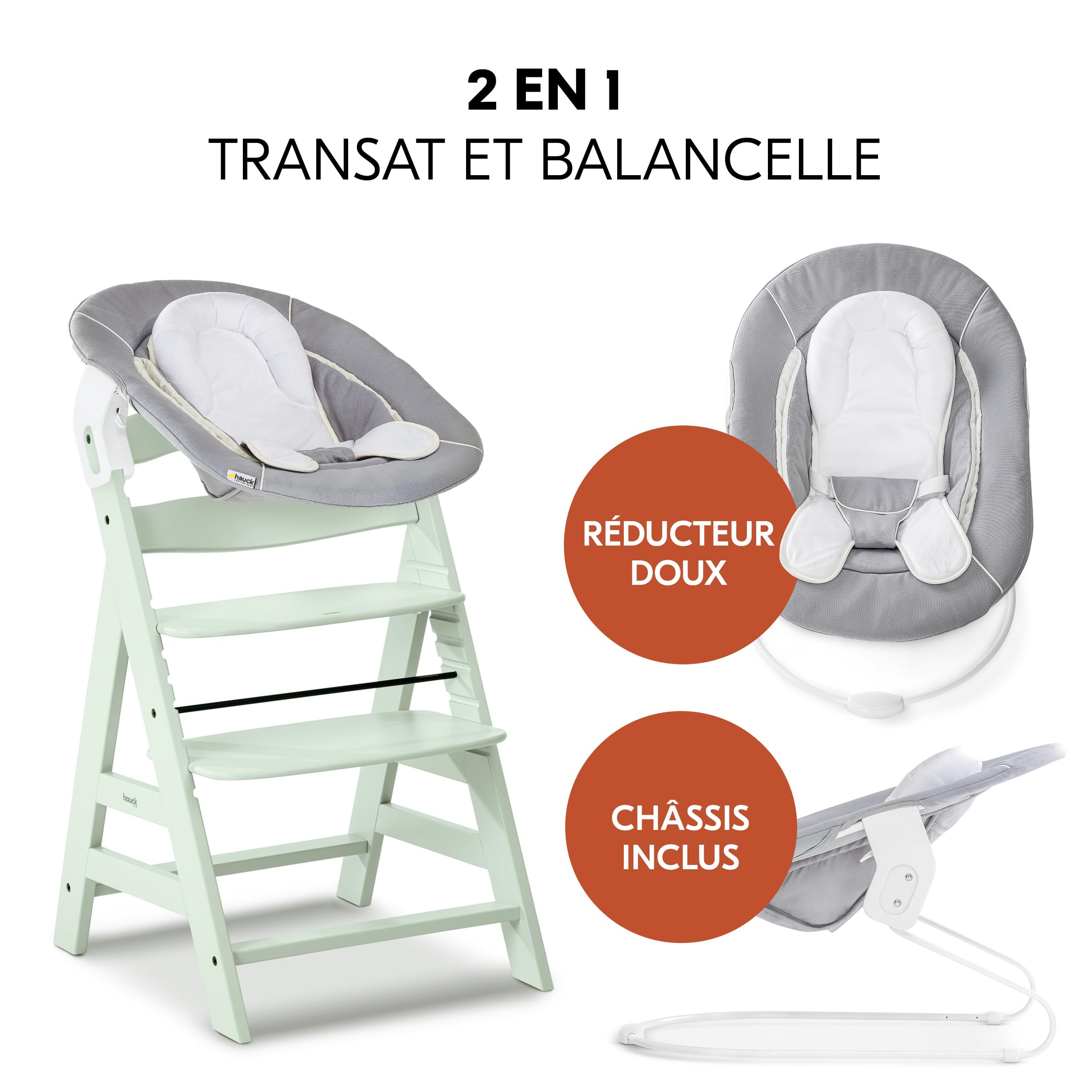 hauck Chaise Haute Bébé Évolutive Alpha Plus avec Insert Nouveau-né 2-en-1 – Utilisable dès la Naissance avec Réducteur Amovible et Coussin d’Assise Inclus, Idéal pour Repas - Menthe | Chaise haute en bois pour enfant de la naissance jusqu'à 90 kg - Avec