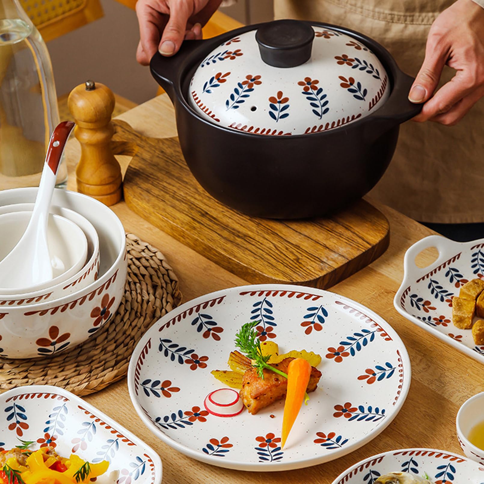 Amazon.co.jp: [ロトンシハイ] 花柄 お皿 パスタ カレー 陶器 食器
