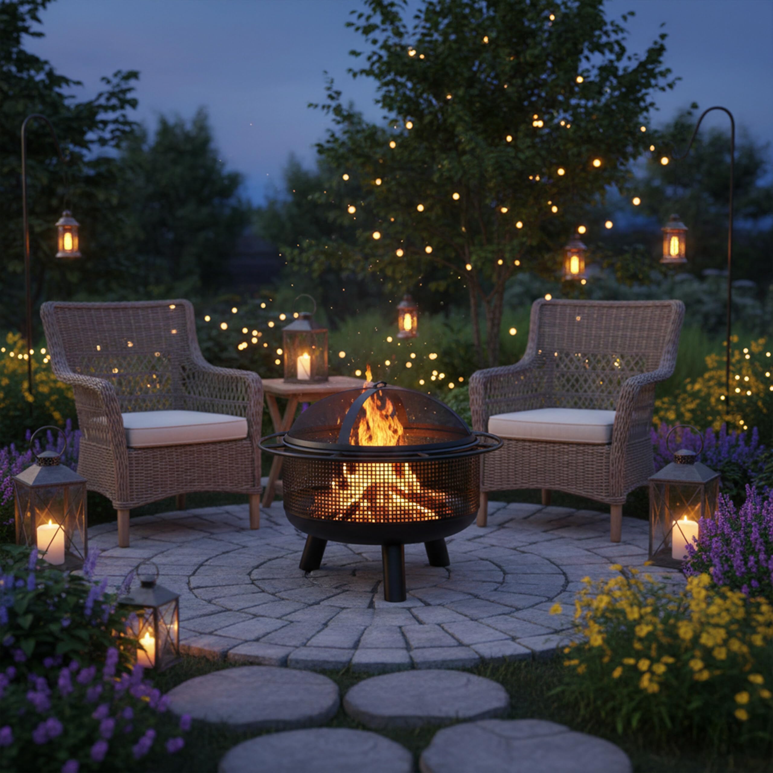 Relaxdays Feuerschale mit Funkenschutz, HD: 52x60 cm, Schürhaken, Garten & Terrasse, Outdoor Feuerstelle, Eisen, schwarz
