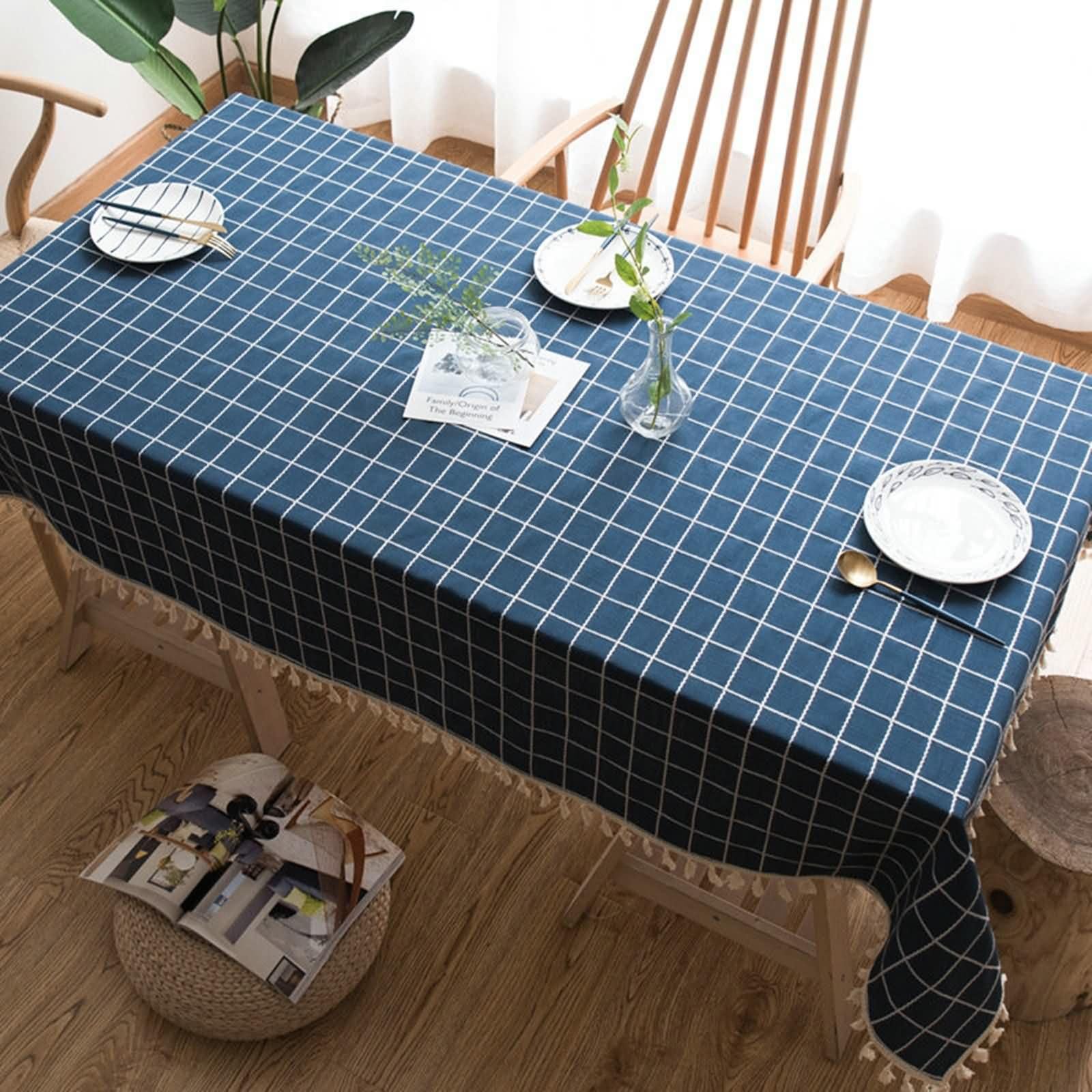 Dunkelblau Rechteckige Tischdecke 140 x 180 cm, Leinen Baumwolle Plaid mit Quasten, Tischdekoration Wohnzimmer