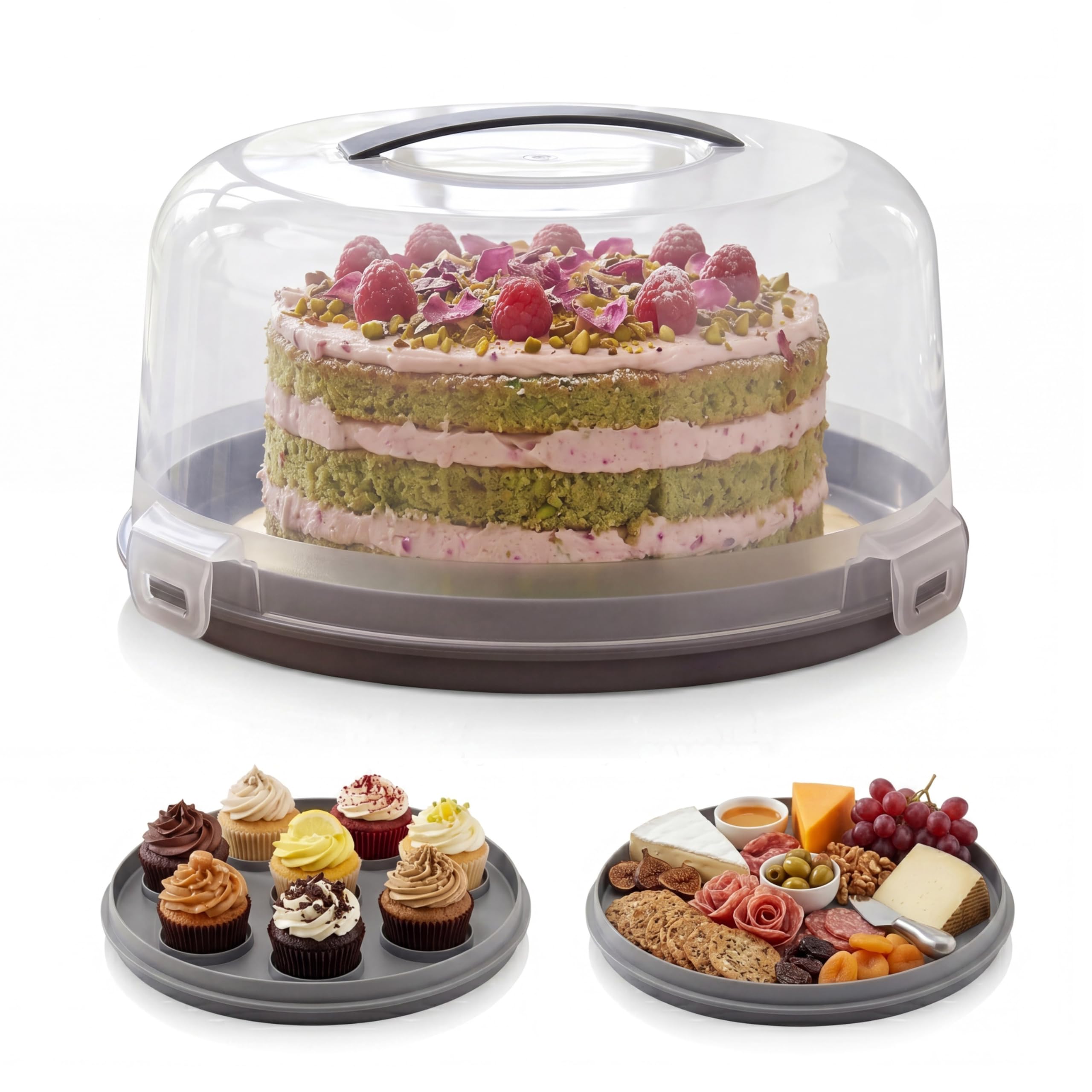 Geezy Plastic Cake & Cupcake Carrier With Handle & Lid 11" Round Storage Container from B&Q
