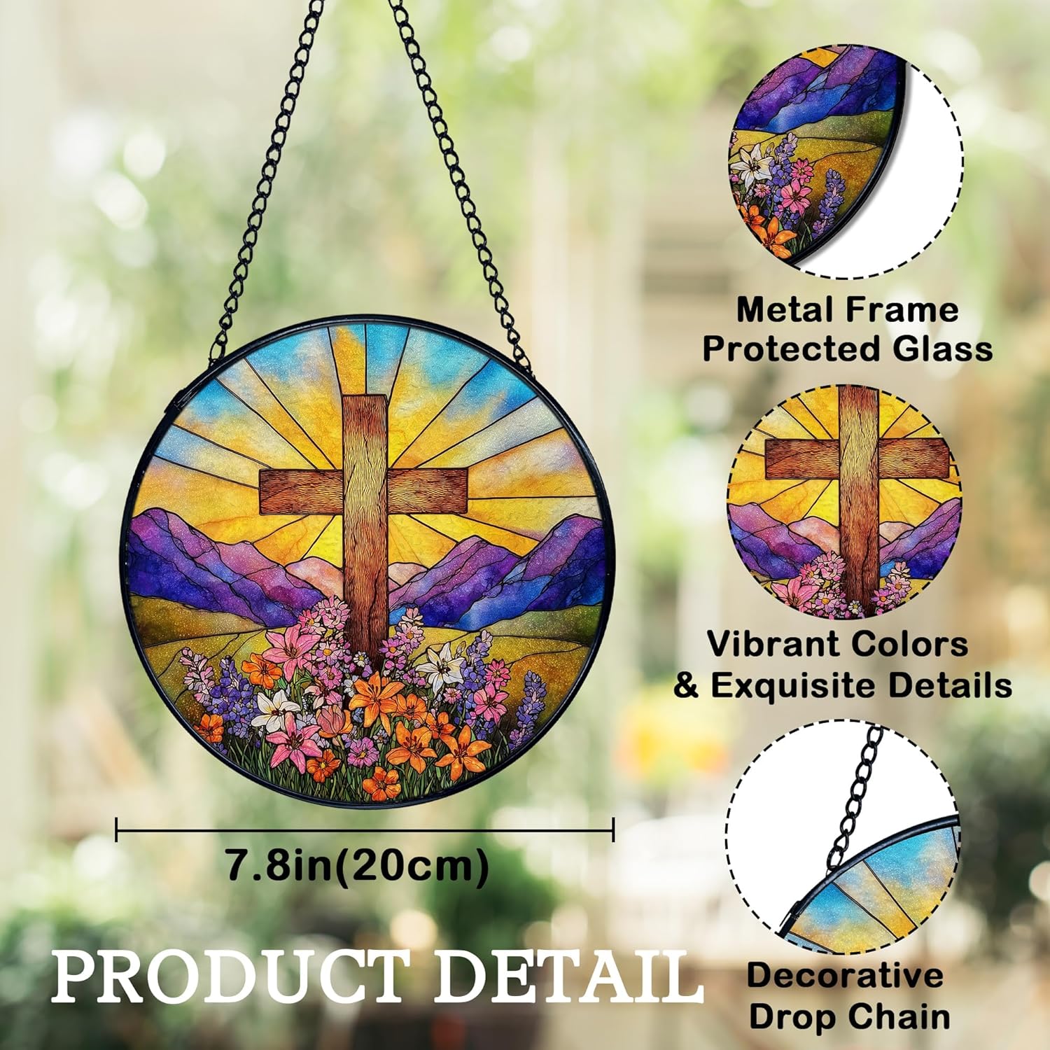 Cross Flower Suncatchers Stained Glass Window Hanging, Christian Wildflower Landscape Sun Catchers Indoor Window Glass Round Wall Decor, 7.9x7.9in - Image 7