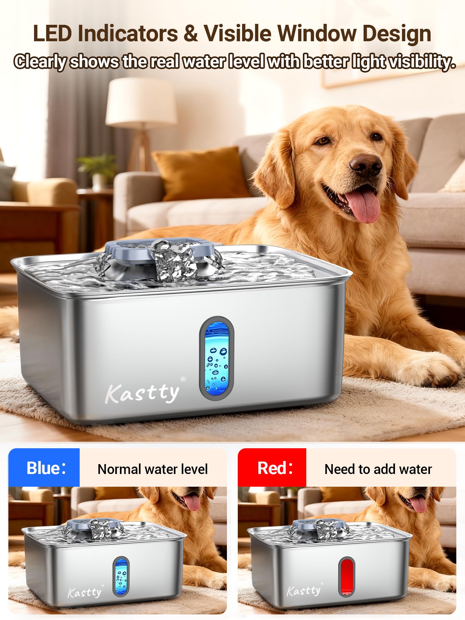 Kastty Fuente de agua para perros de acero inoxidable de 15 litros, dispensador de cuenco de agua para perros de gran capacidad, luz LED silenciosa, triple filtración, sin BPA, fuente de agua