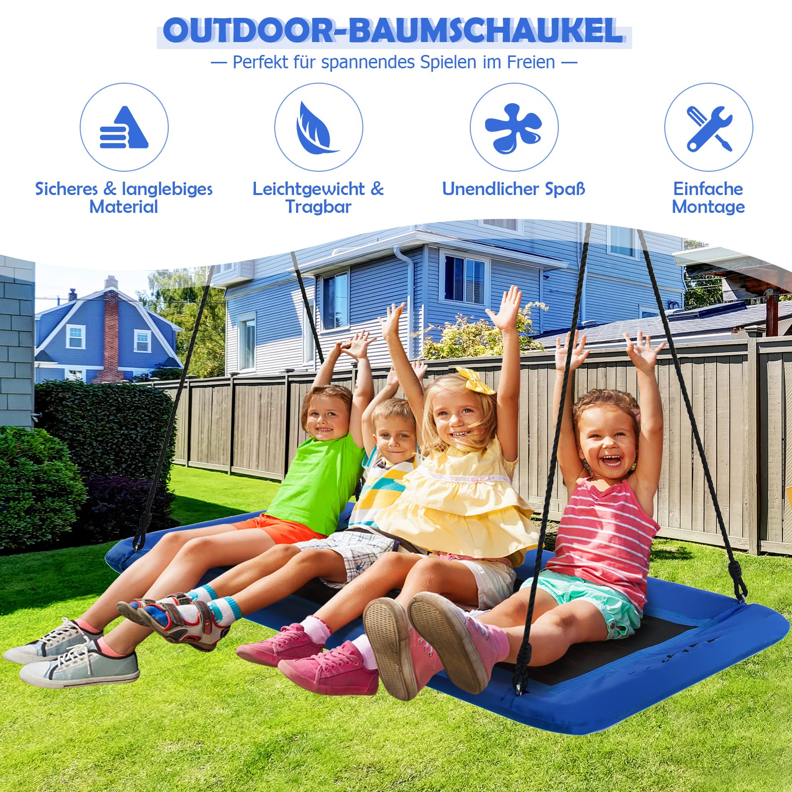 DREAMADE Nestschaukel, 100-180 cm höhenverstellbar, Baumschaukel bis 150 kg belastbar, Tellerschaukel für Innen & Außenbereich, Gartenschaukel für Kinder & Erwachsene, 150 x 80 cm (Blau)