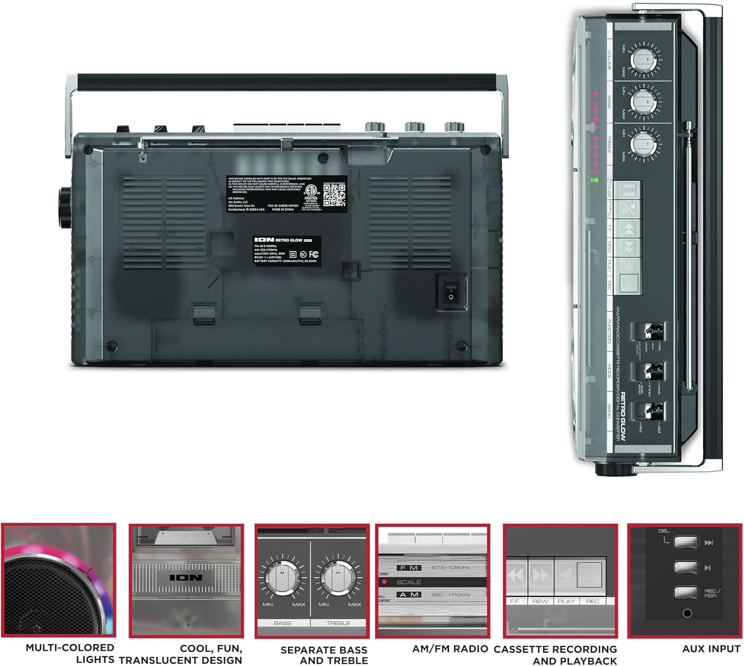 Side view of the ION Audio Retro Glow Boombox showing USB and SD card slots